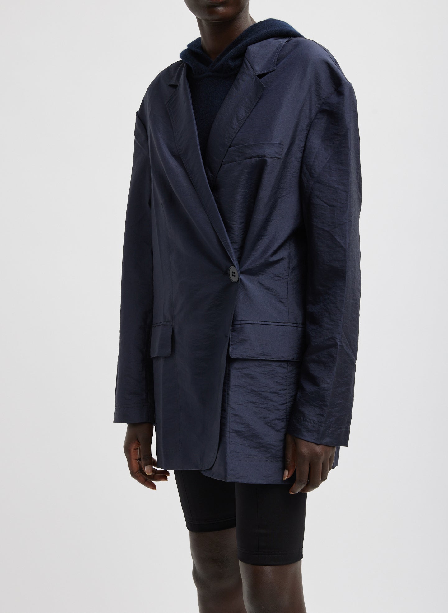 Navy Crispy Nylon Liam Blazer - oversized, front view on model