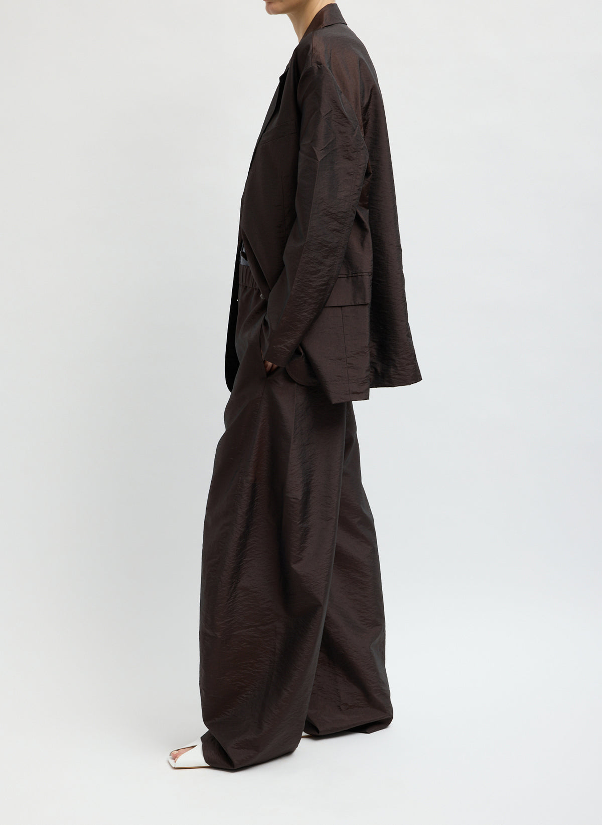Dark Brown Crispy Nylon Liam Blazer - side view on model