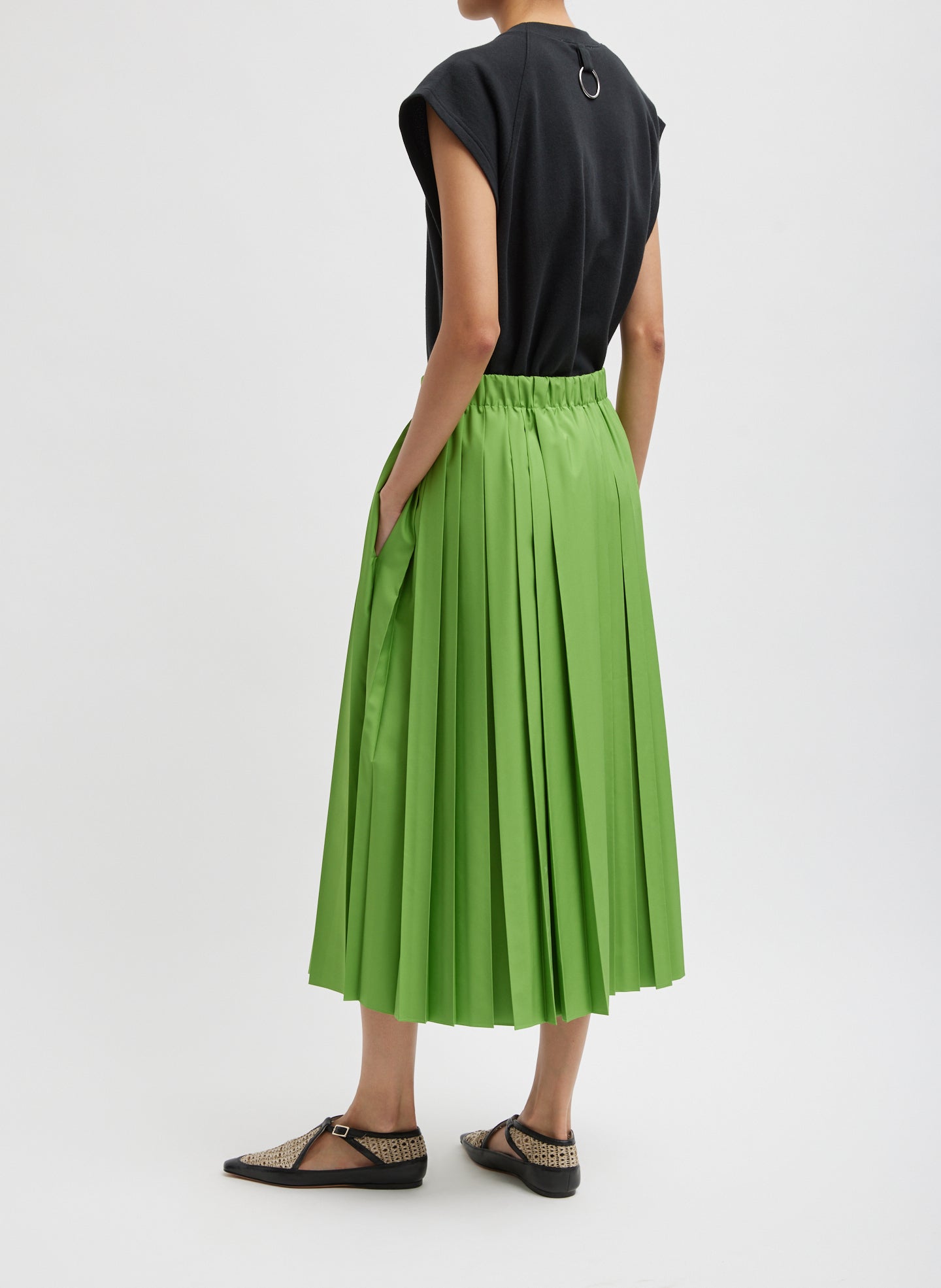 Lime Green Nylon Pleated Pull On Skirt - midi skirt, back view on model