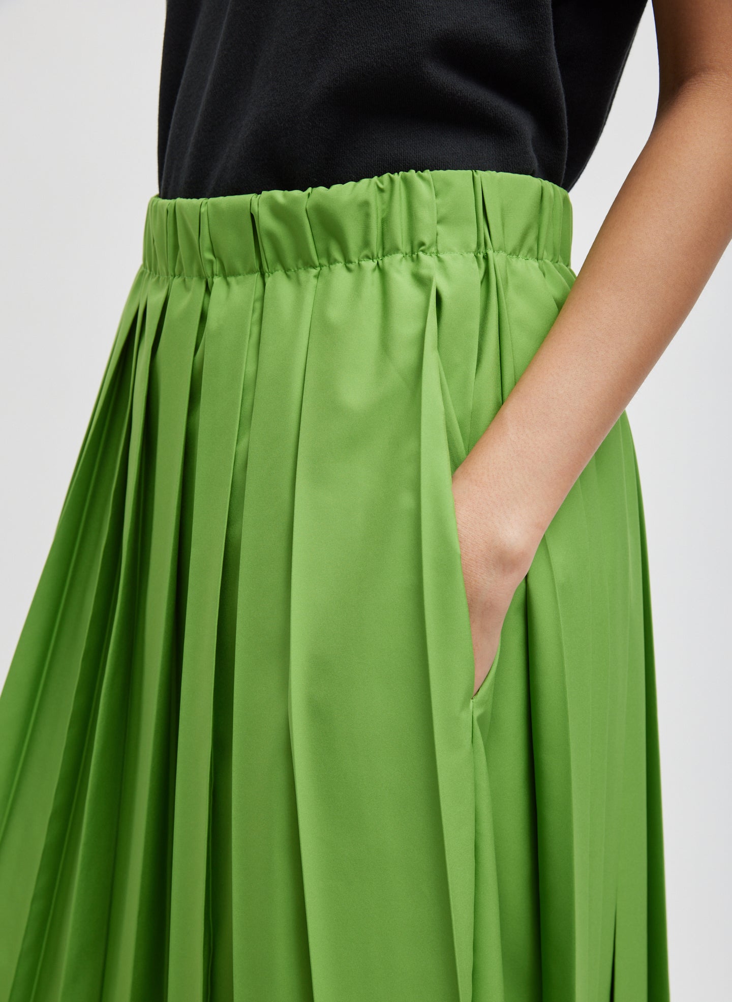Lime Green Nylon Pleated Pull On Skirt - close up of pleat details