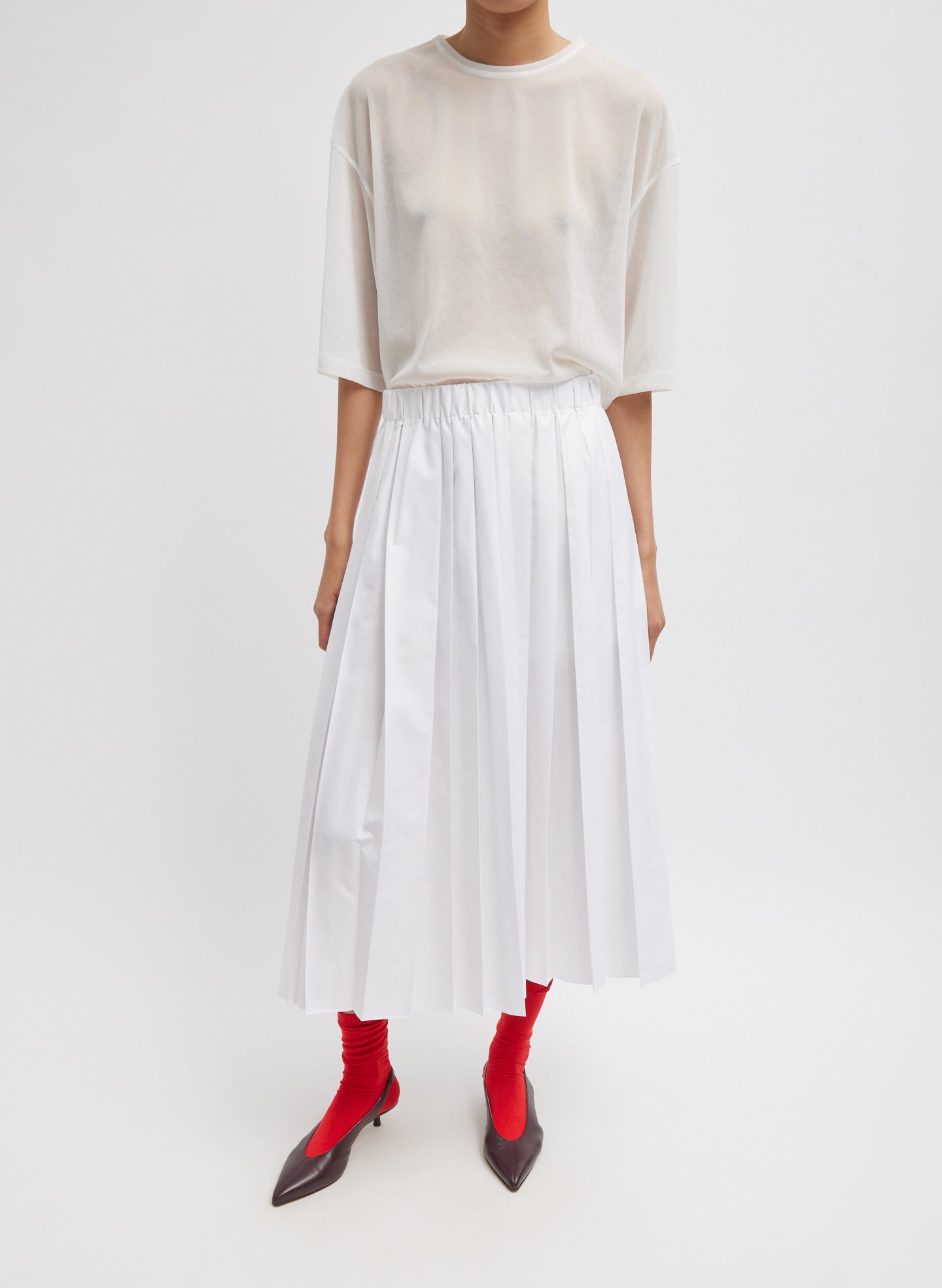 White Nylon Pleated Pull On Skirt - full look, front view on model