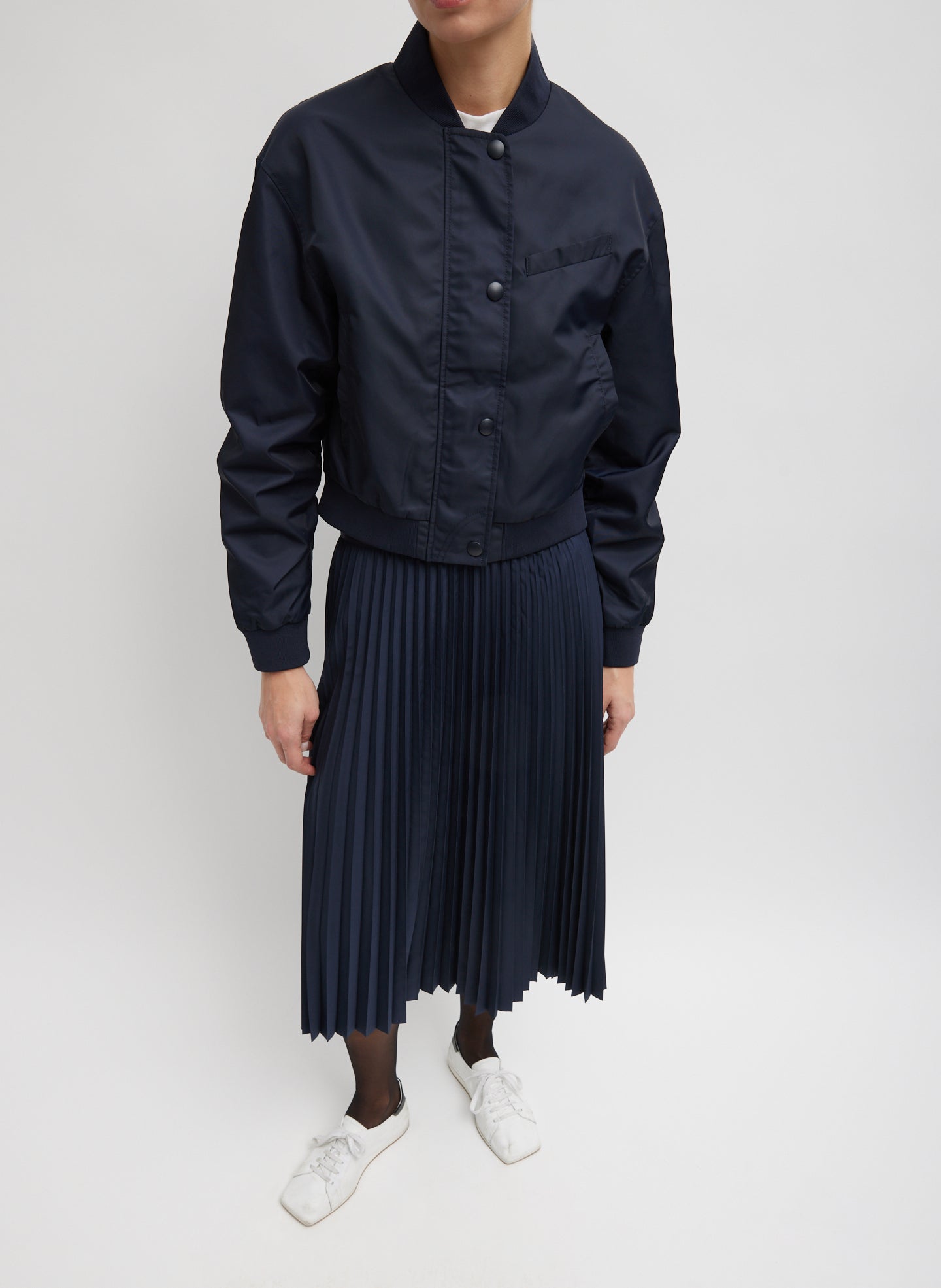 Navy Nylon Pleating Sunray Pull On Skirt - full look, front view on model