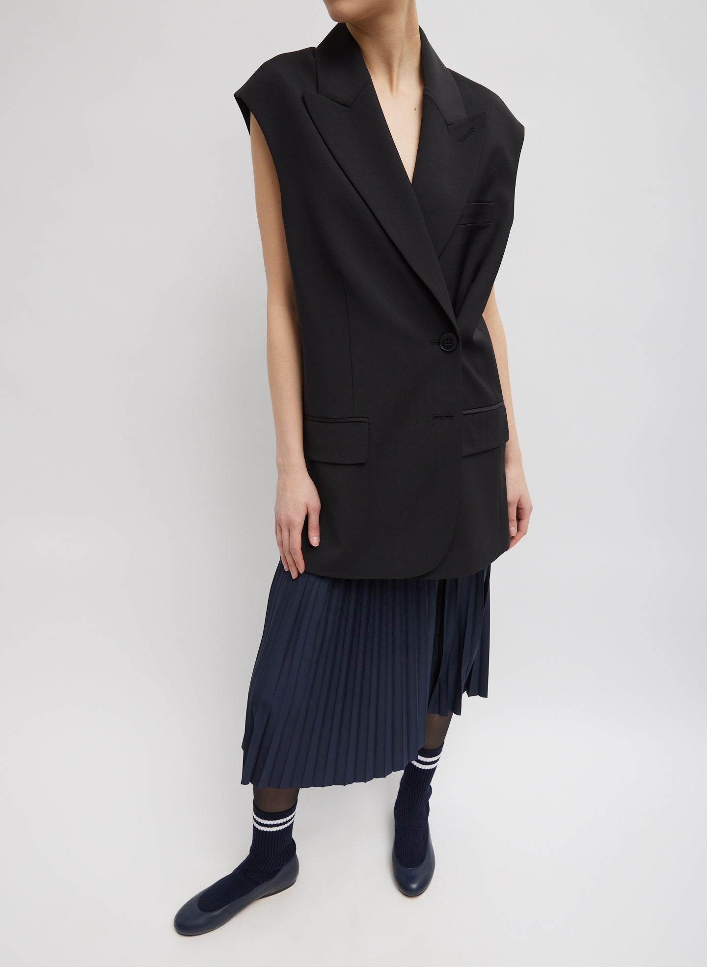 Navy Nylon Pleating Sunray Pull On Skirt - full look, front view on model