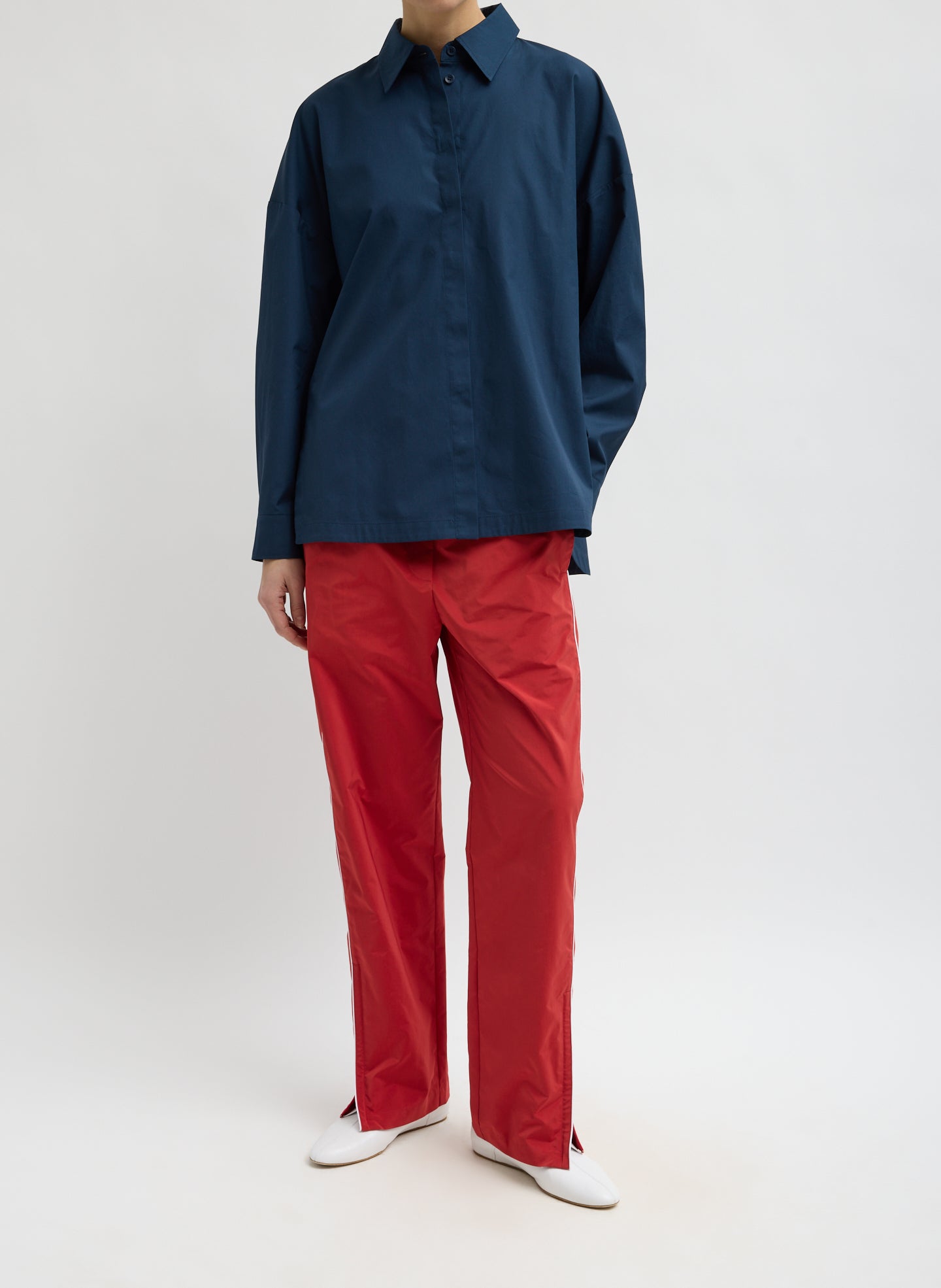 Red Nylon Piped Jogger - front view on model