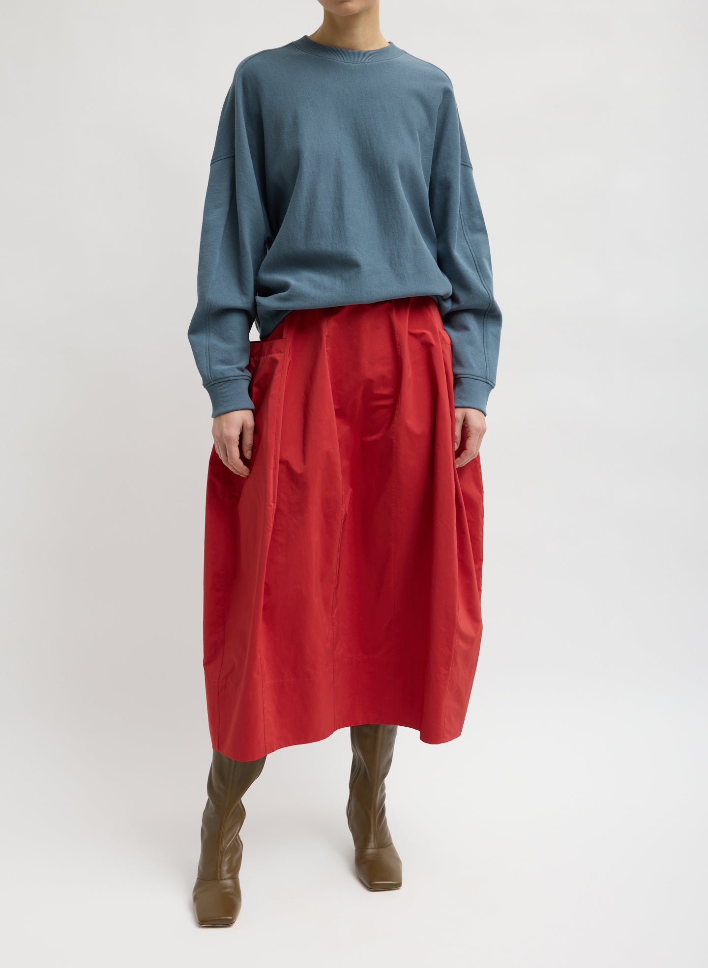 Red Nylon Lantern Skirt - balloon midi skirt, front view on model