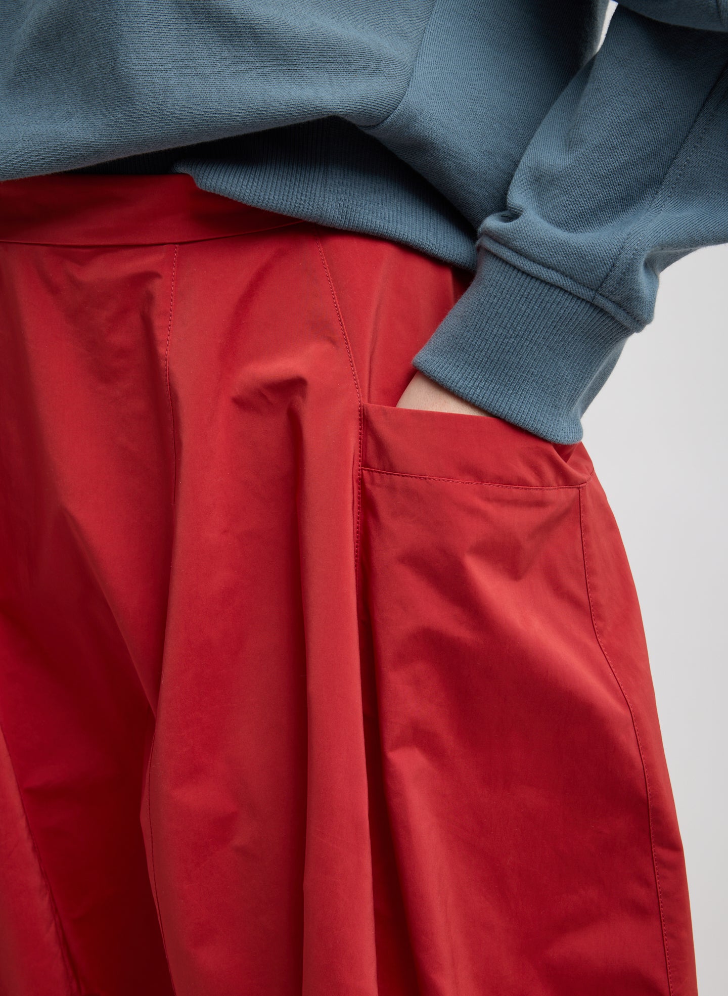 Red Nylon Lantern Skirt - closeup of pocket detail