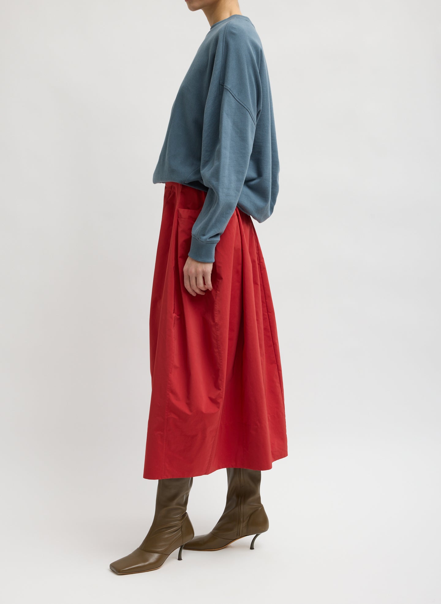 Red Nylon Lantern Skirt - balloon midi skirt, side view on model
