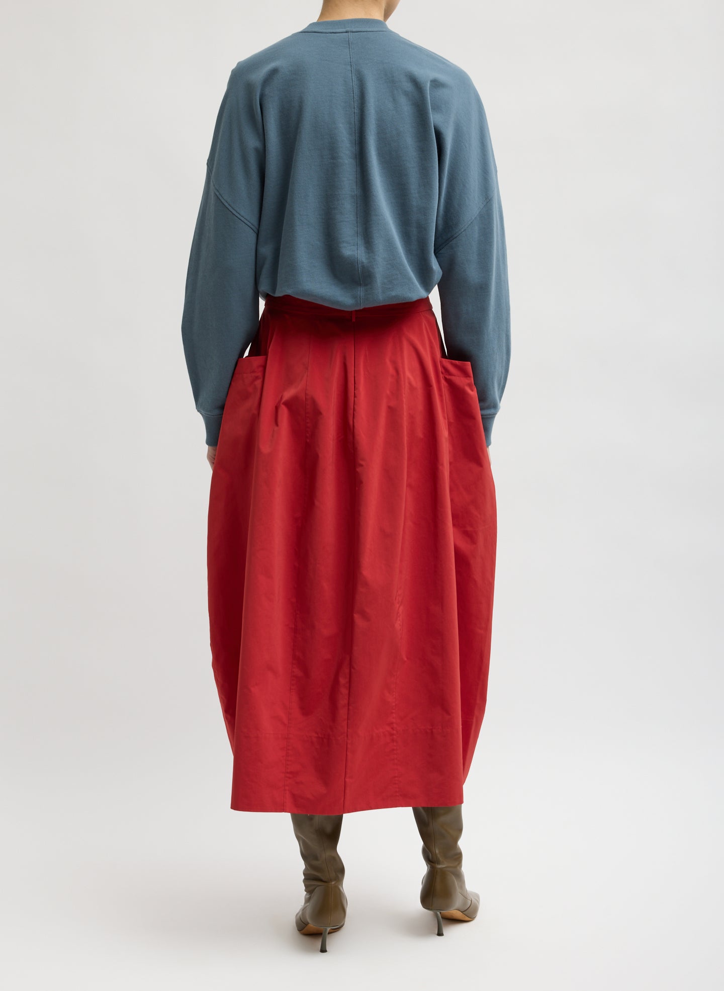 Red Nylon Lantern Skirt - balloon midi skirt, back view on model