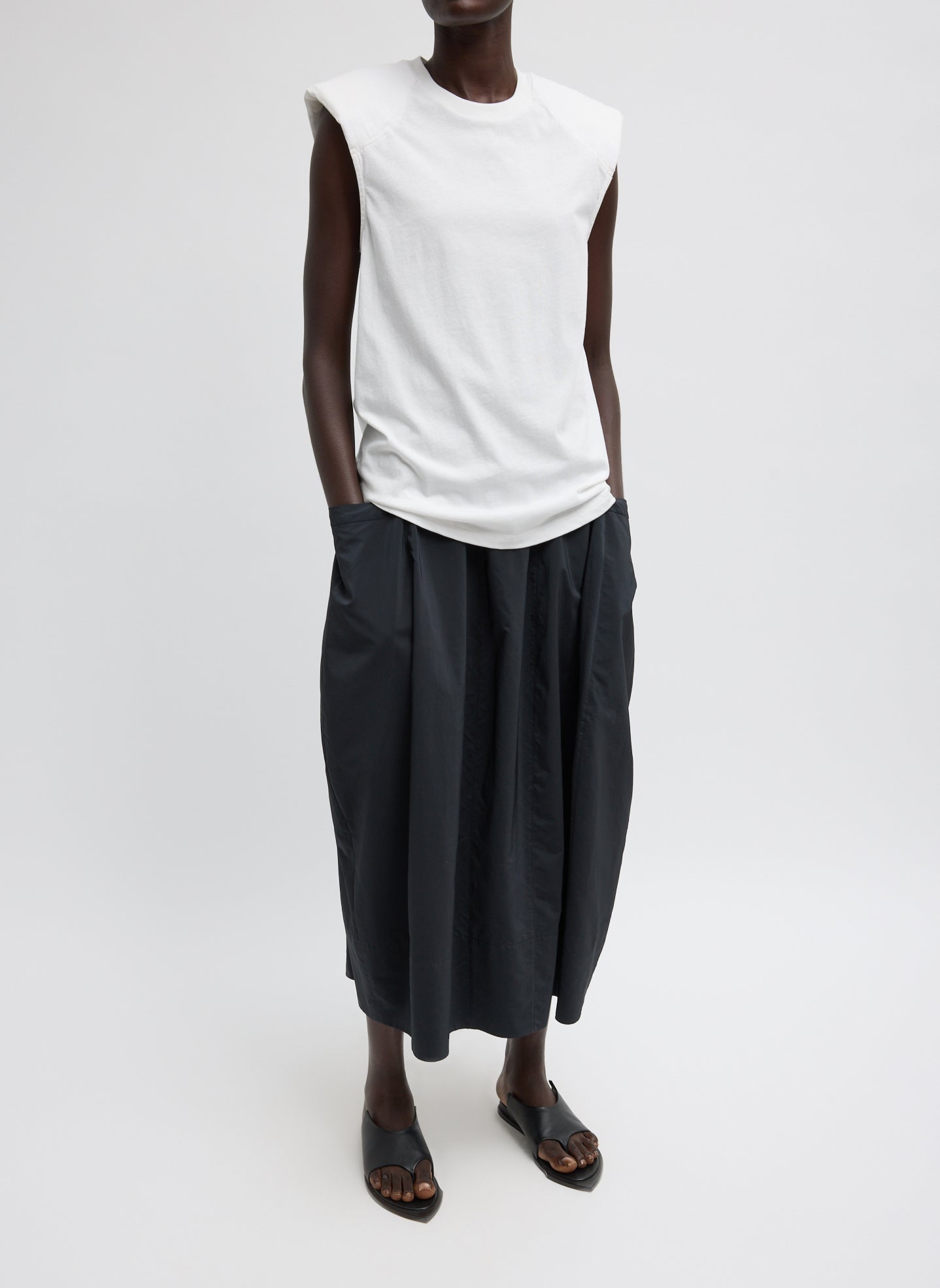 Black Nylon Lantern Skirt - balloon midi skirt, front view on model