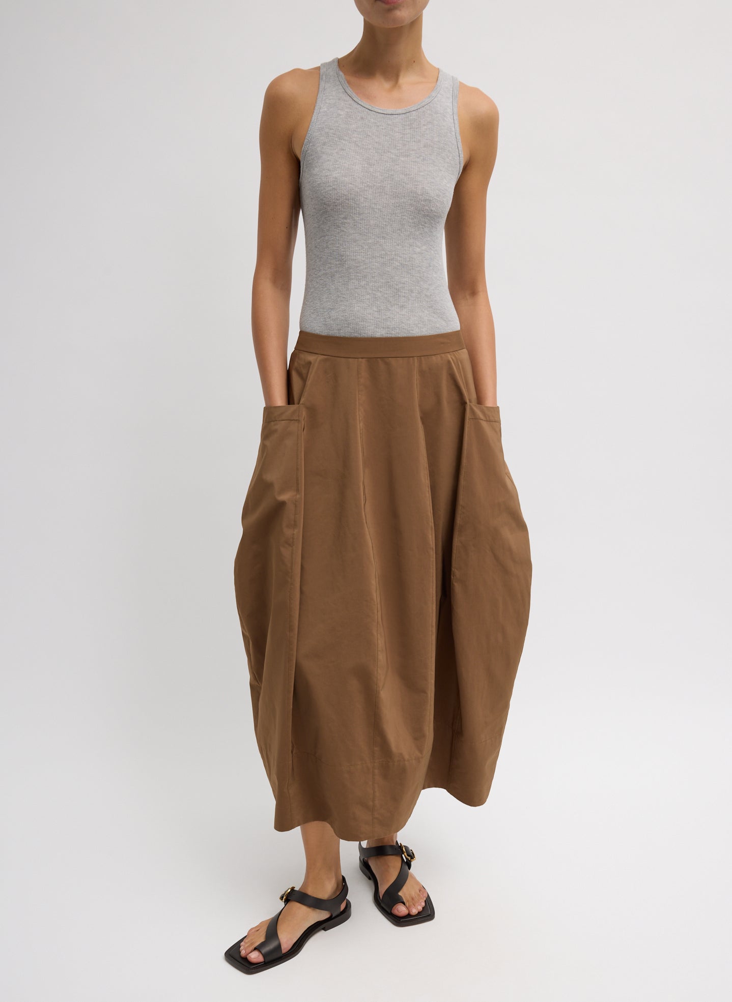 Caramel Latte Brown Nylon Lantern Skirt - balloon midi skirt, front view on model