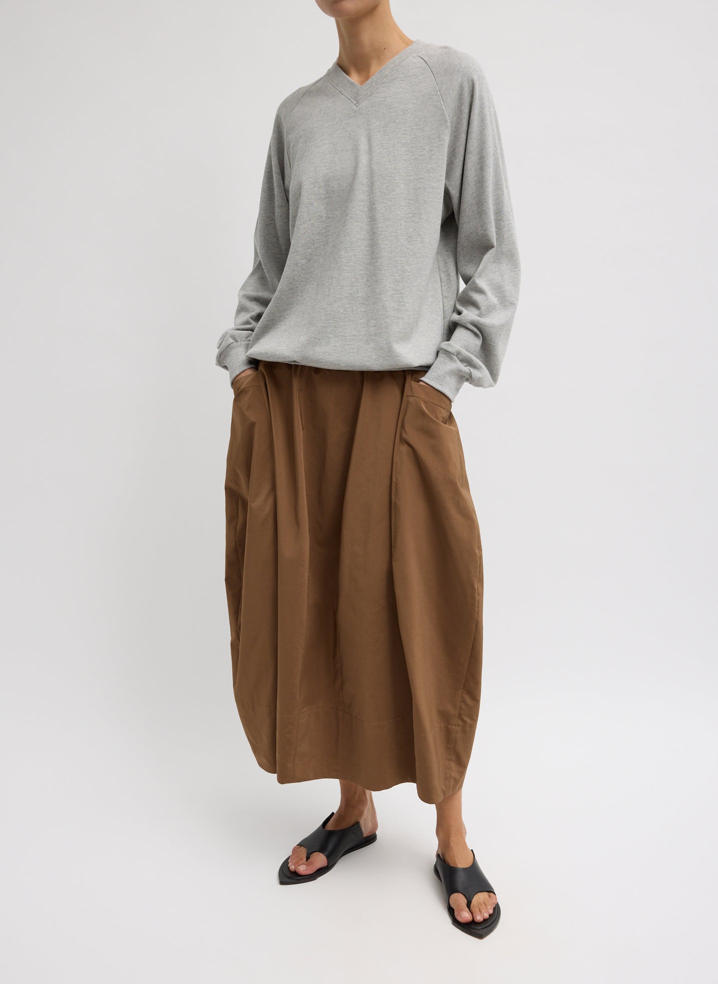 Caramel Latte Brown Nylon Lantern Skirt - balloon midi skirt, front view on model