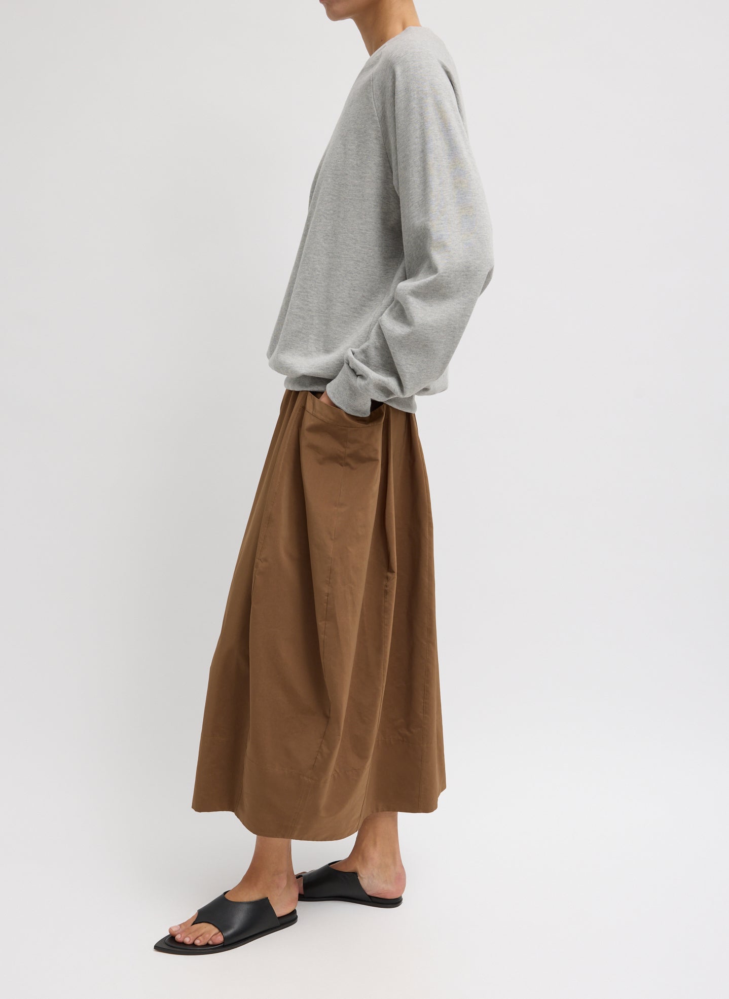 Caramel Latte Brown Nylon Lantern Skirt - balloon midi skirt, side view on model