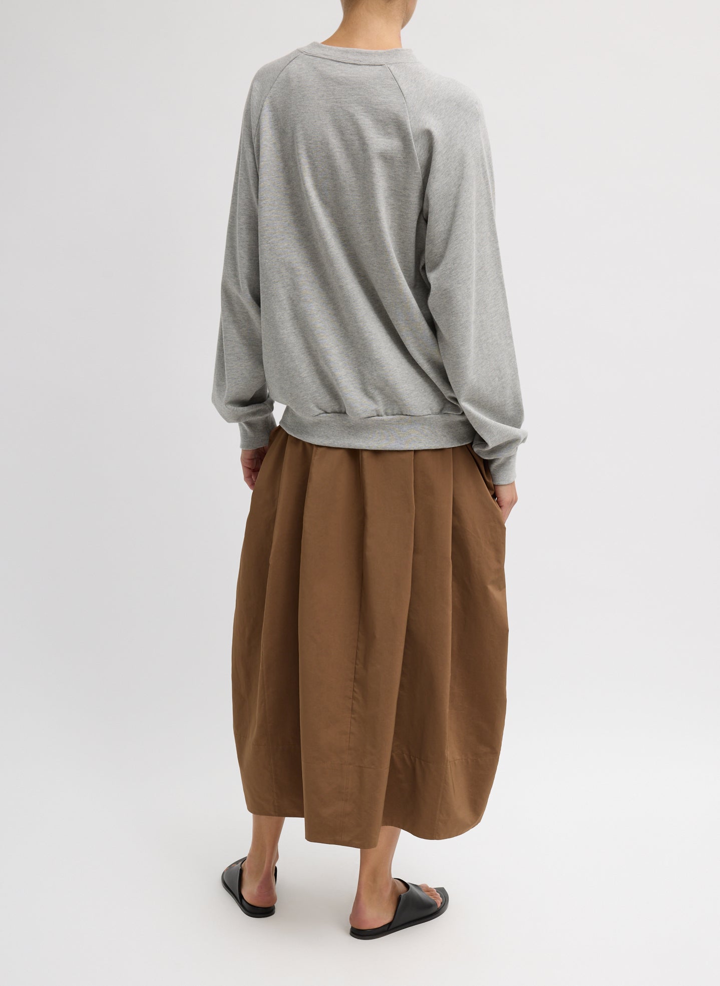 Caramel Latte Brown Nylon Lantern Skirt - balloon midi skirt, back view on model