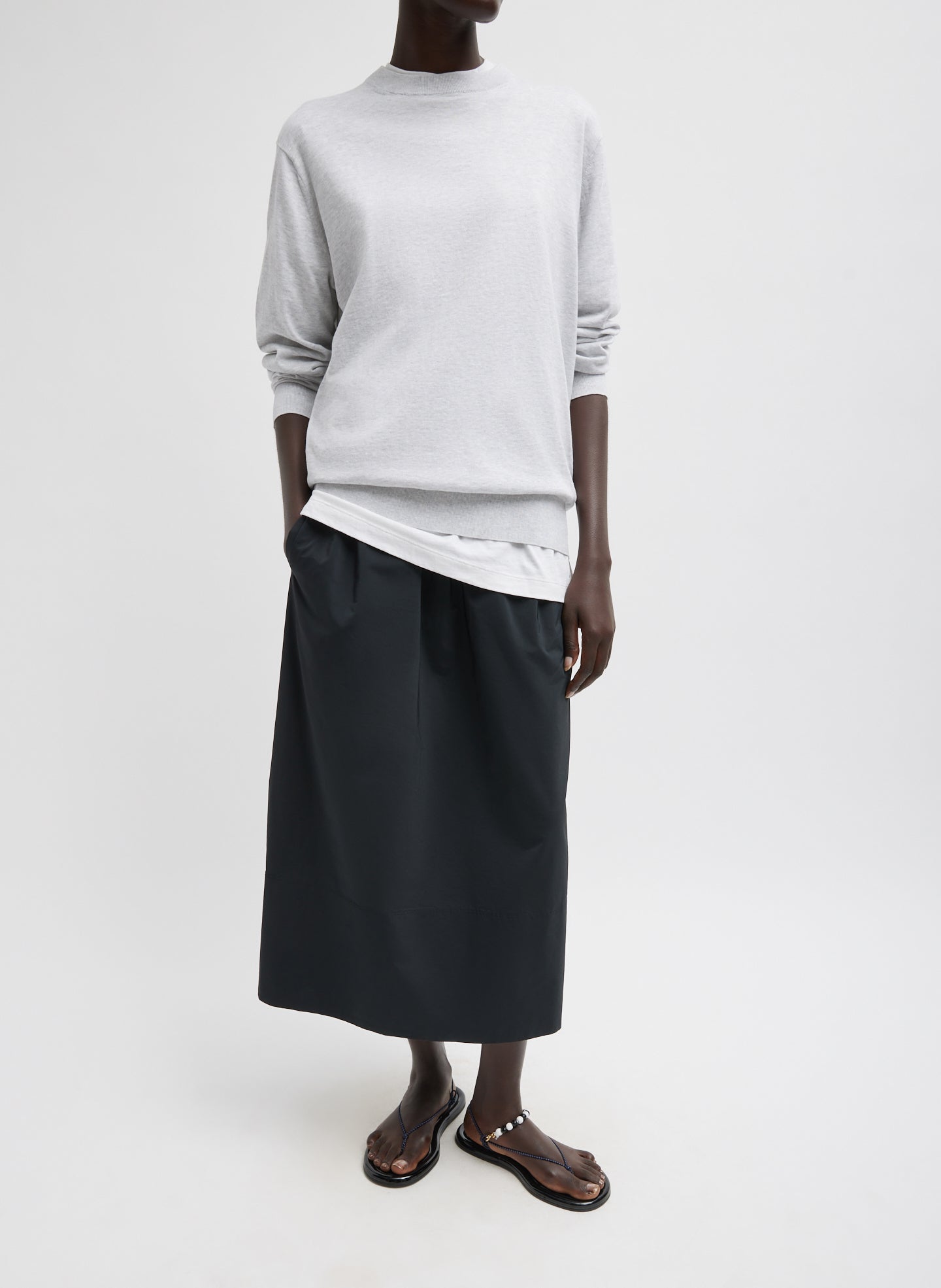 Black Nylon Pull On Full Skirt - midi skirt, front view on model
