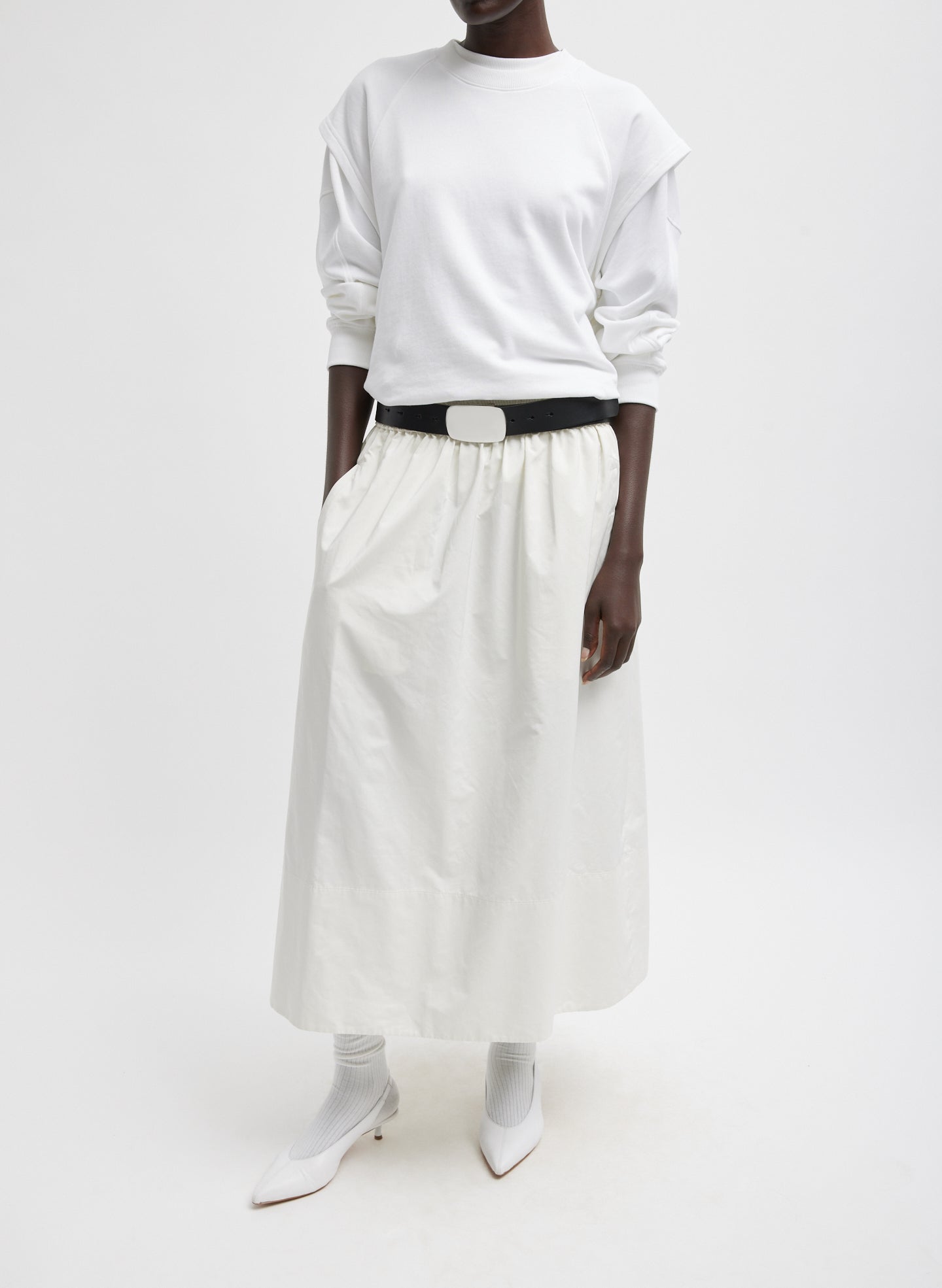 White Nylon Pull On Full Skirt - midi skirt, front view on model