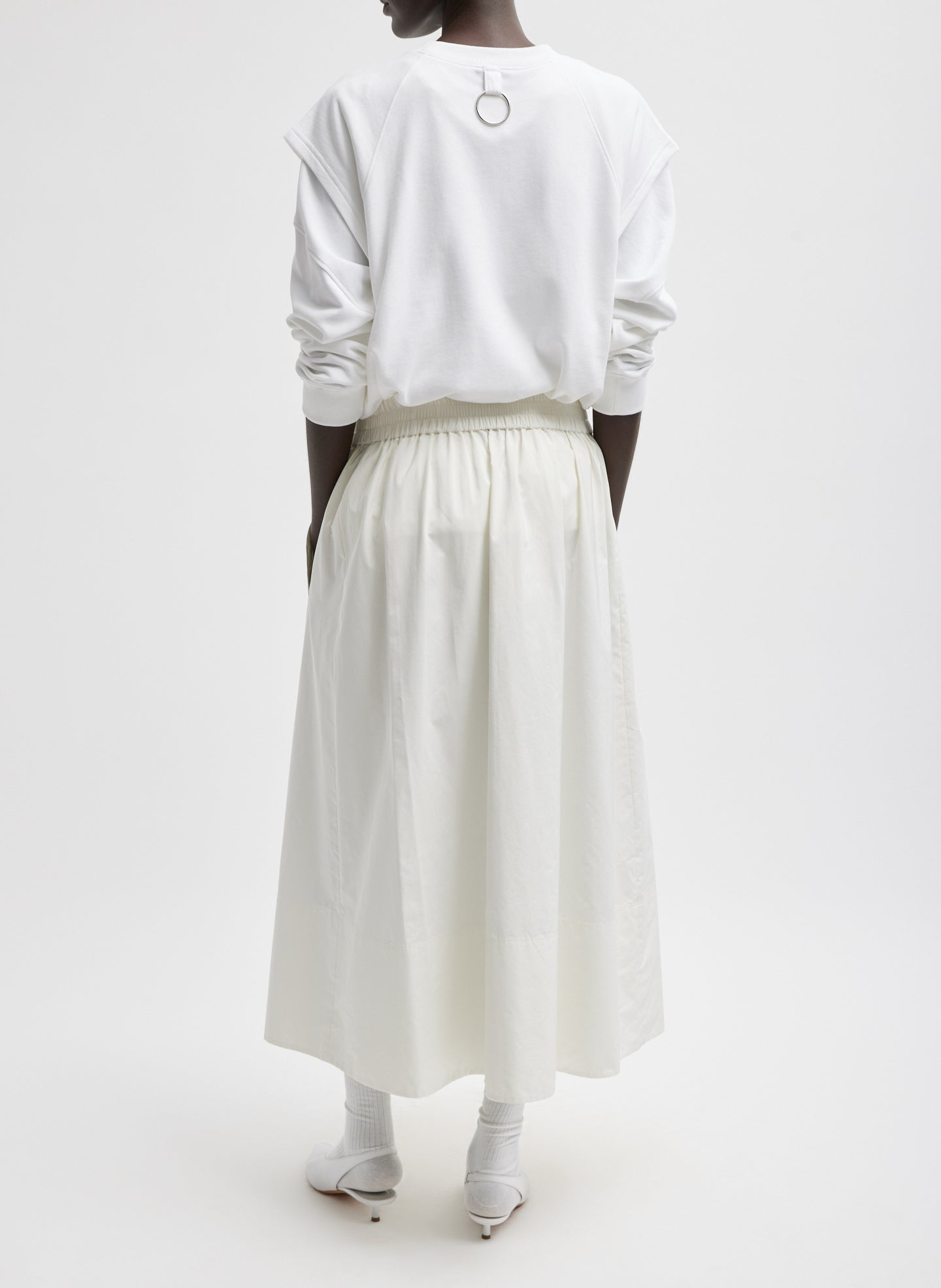 White Nylon Pull On Full Skirt - midi skirt, back view on model