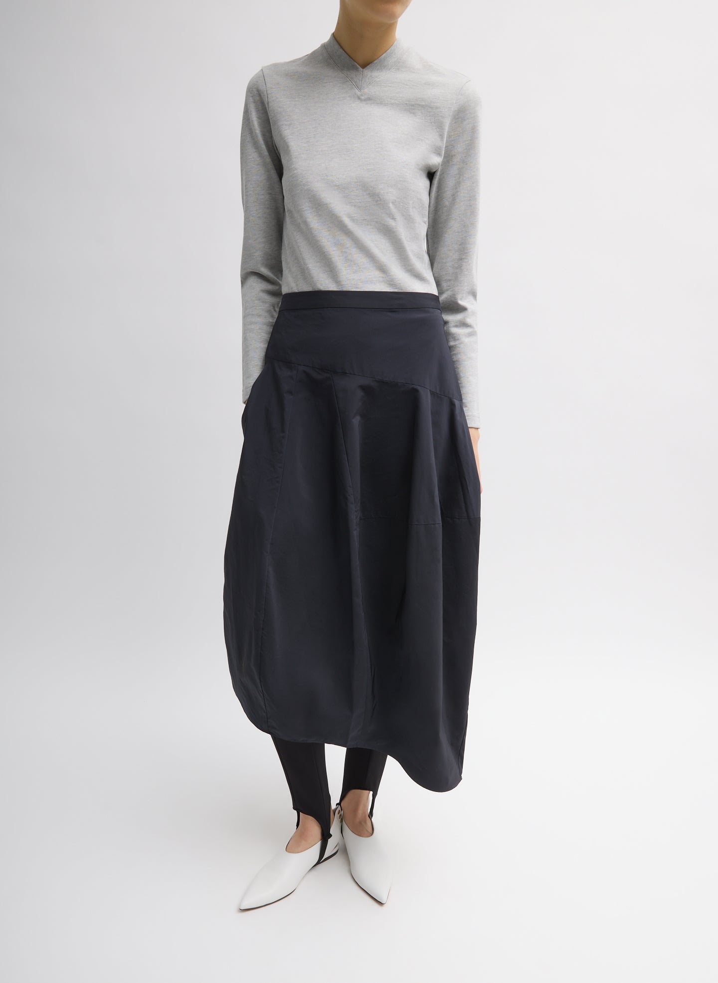 Navy Nylon Asymmetrical Balloon Skirt - midi skirt, front view on model