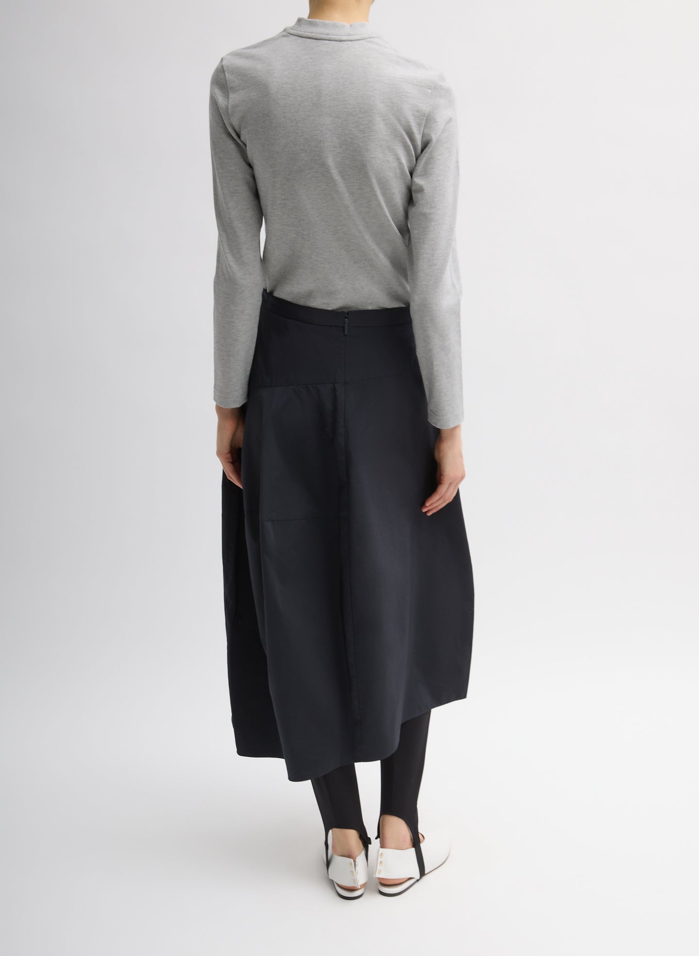 Navy Nylon Asymmetrical Balloon Skirt - midi skirt, back view on model