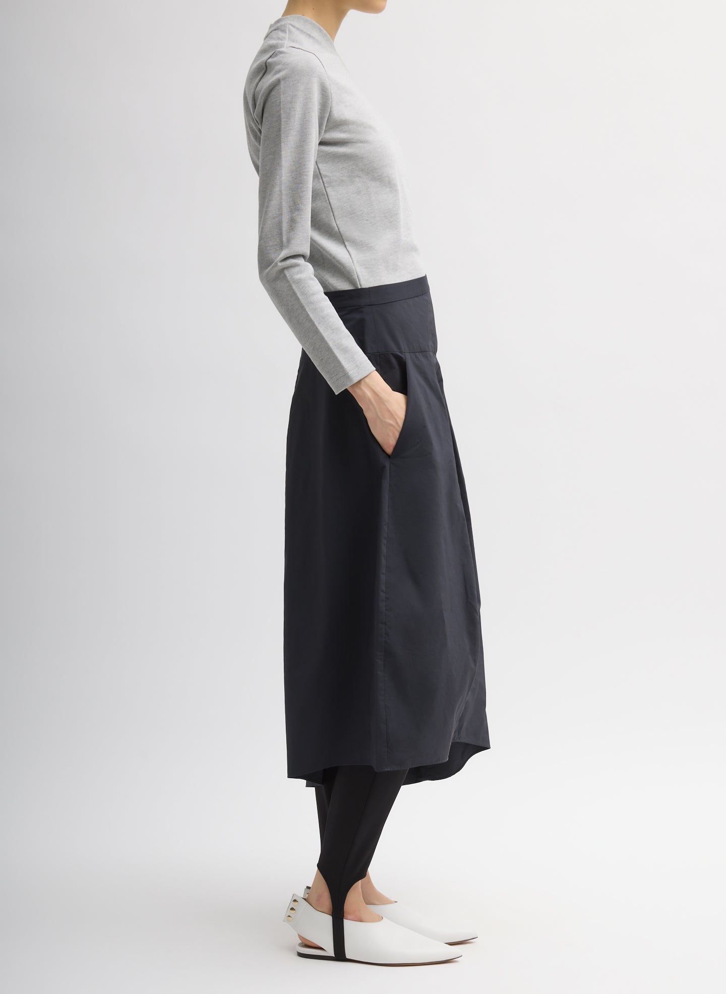 Navy Nylon Asymmetrical Balloon Skirt - midi skirt, side view on model
