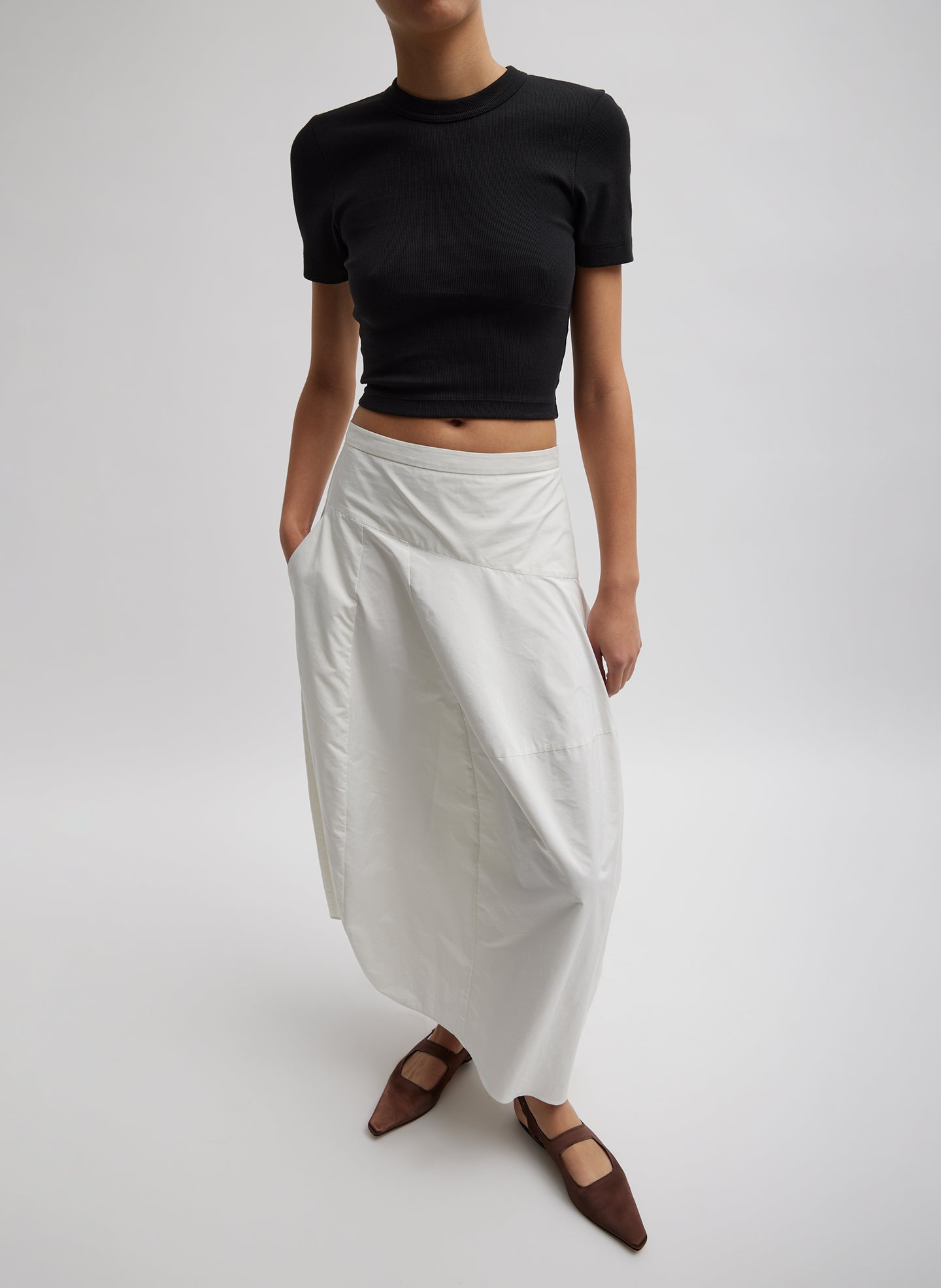 Off White Nylon Asymmetrical Balloon Skirt - midi skirt, front view on model