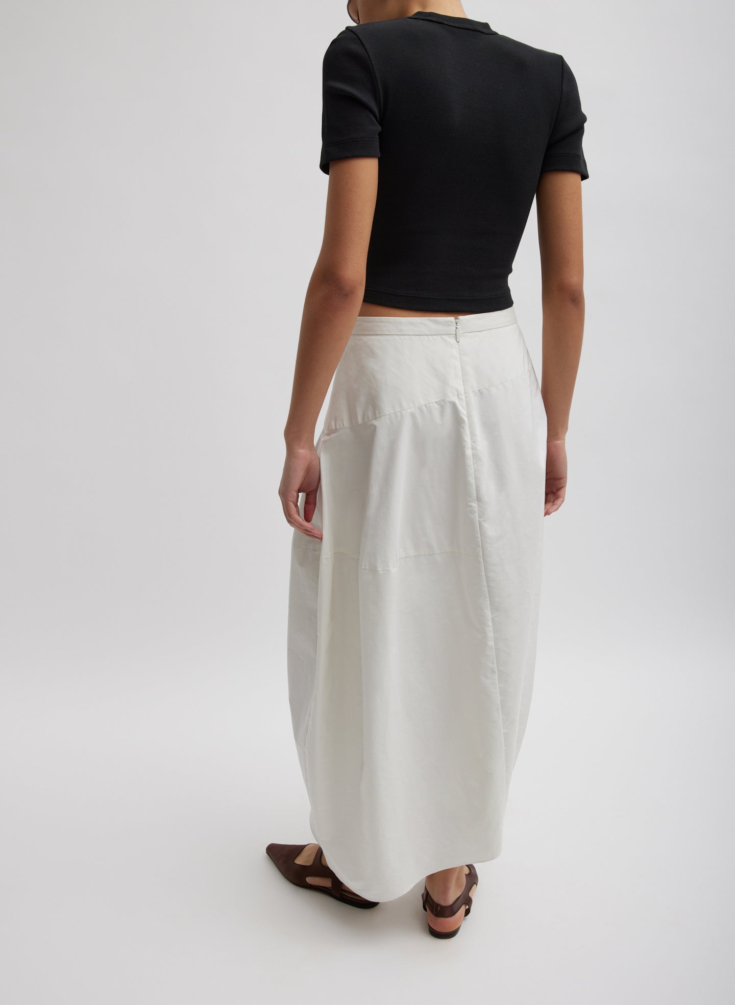 Off White Nylon Asymmetrical Balloon Skirt - midi skirt, back view on model