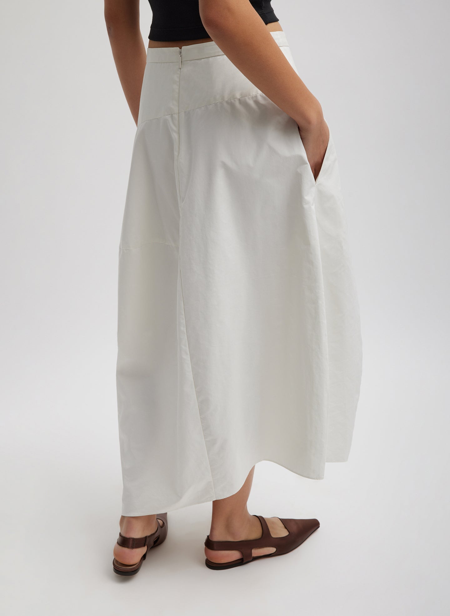 Off White Nylon Asymmetrical Balloon Skirt - midi skirt, back view on model