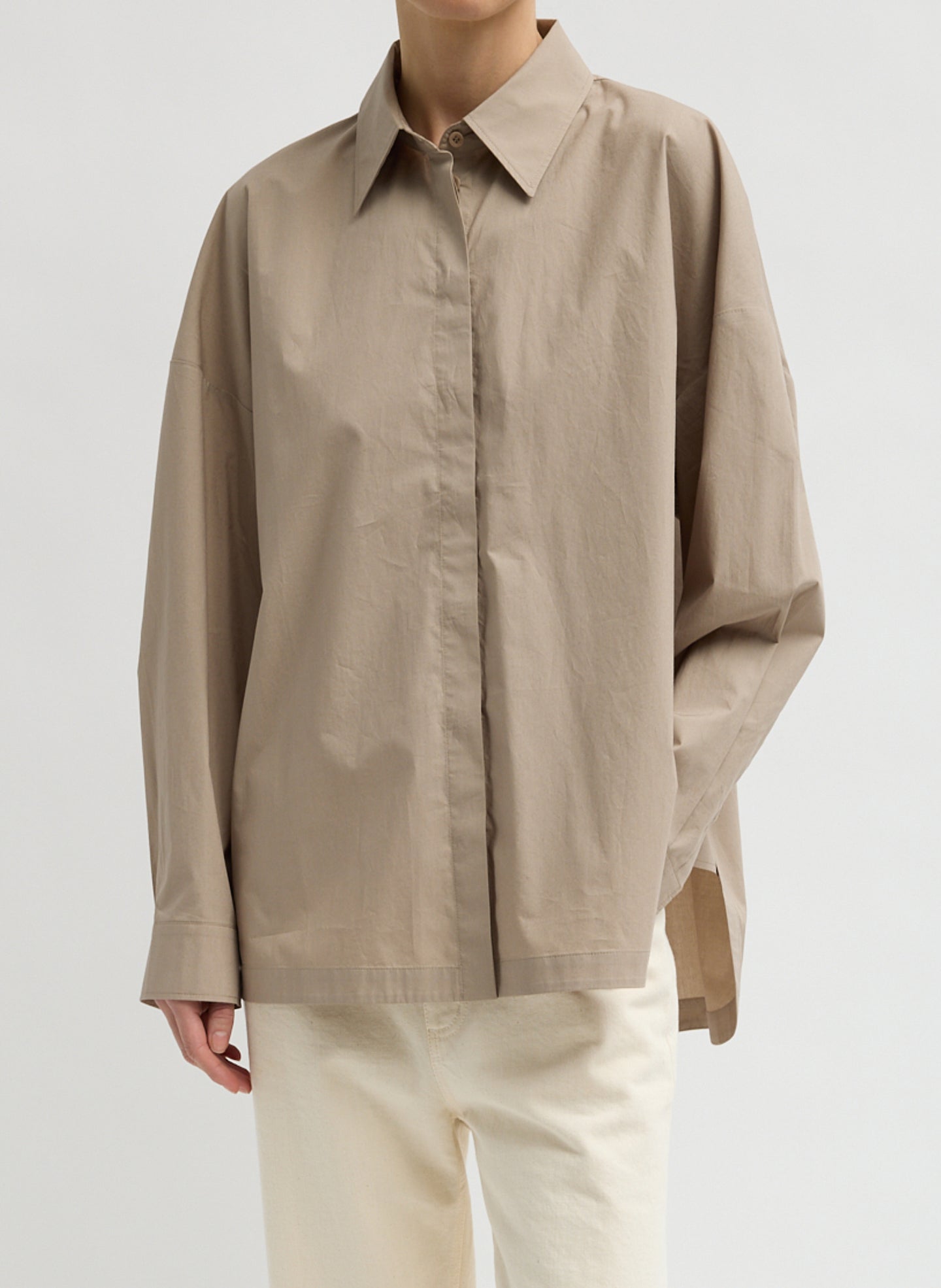Dark Stone Beige Gabe Shirt - oversized button down top, front view on model