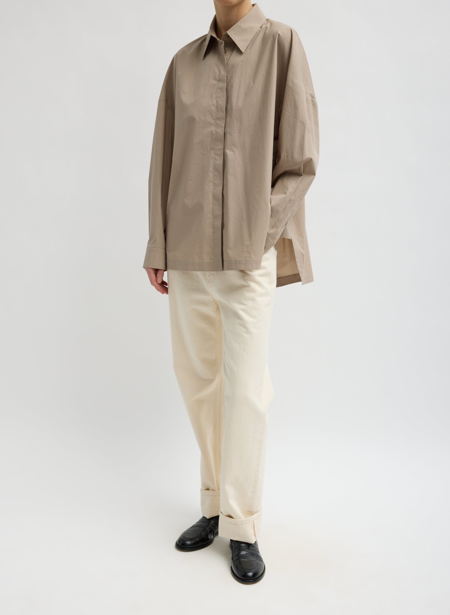 Dark Stone Beige Gabe Shirt - full look, front view on model