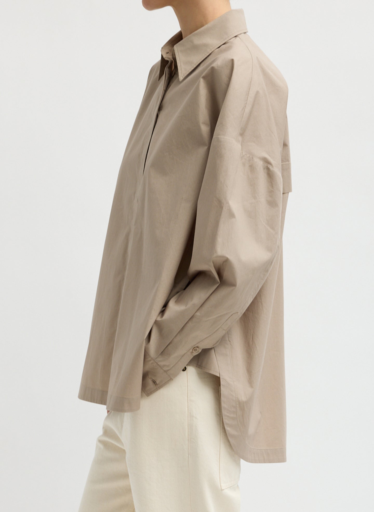 Dark Stone Beige Gabe Shirt - oversized button down top, side view on model