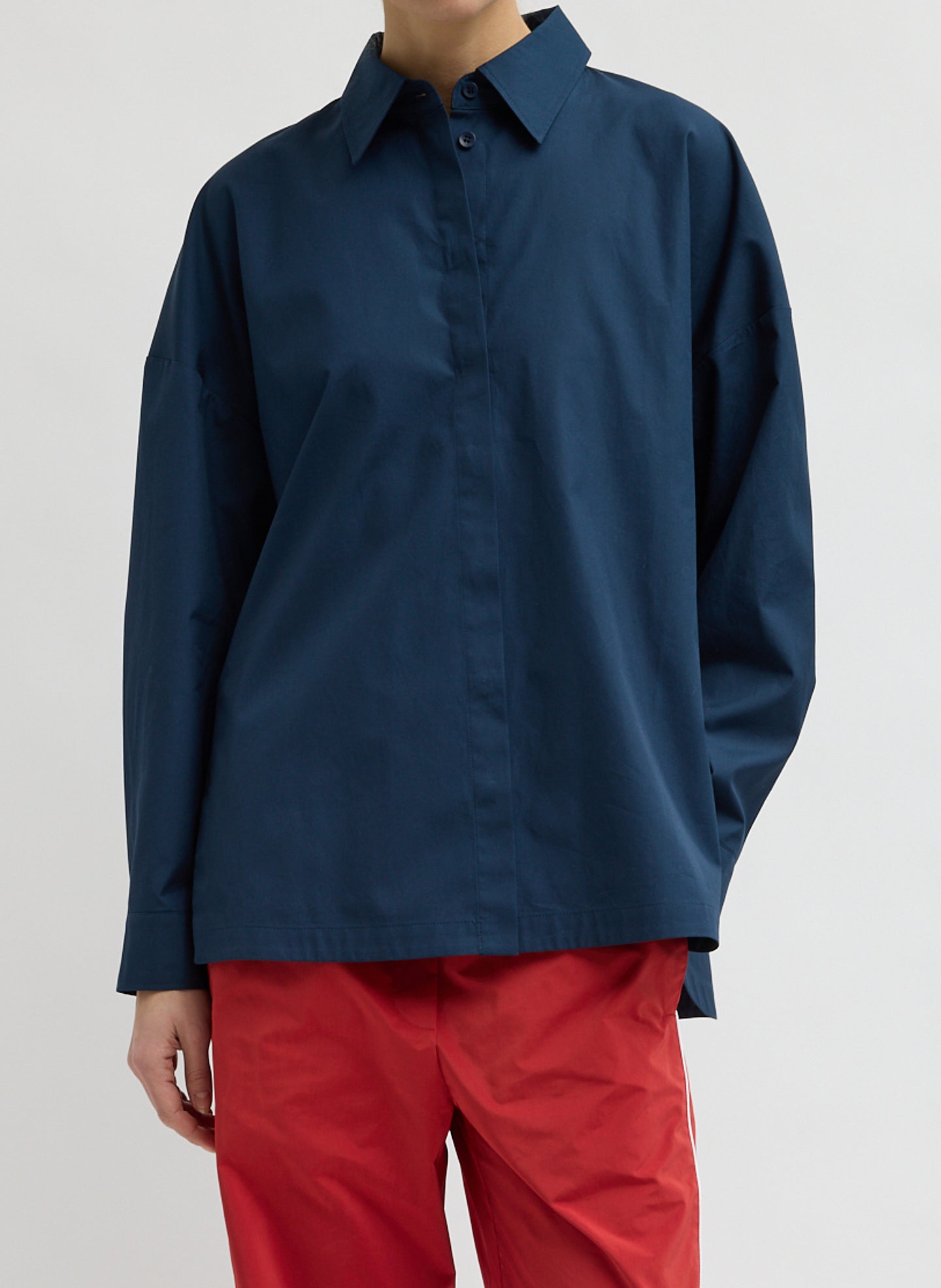 Navy Gabe Shirt - oversized button down top, front view on model