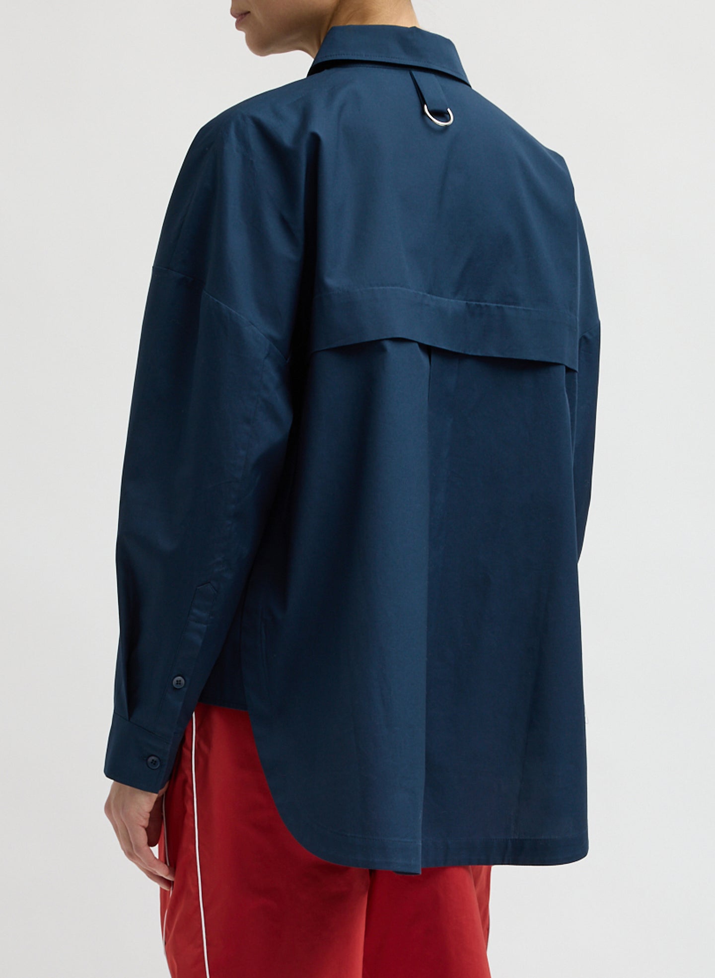 Navy Gabe Shirt - oversized button down top, back view on model
