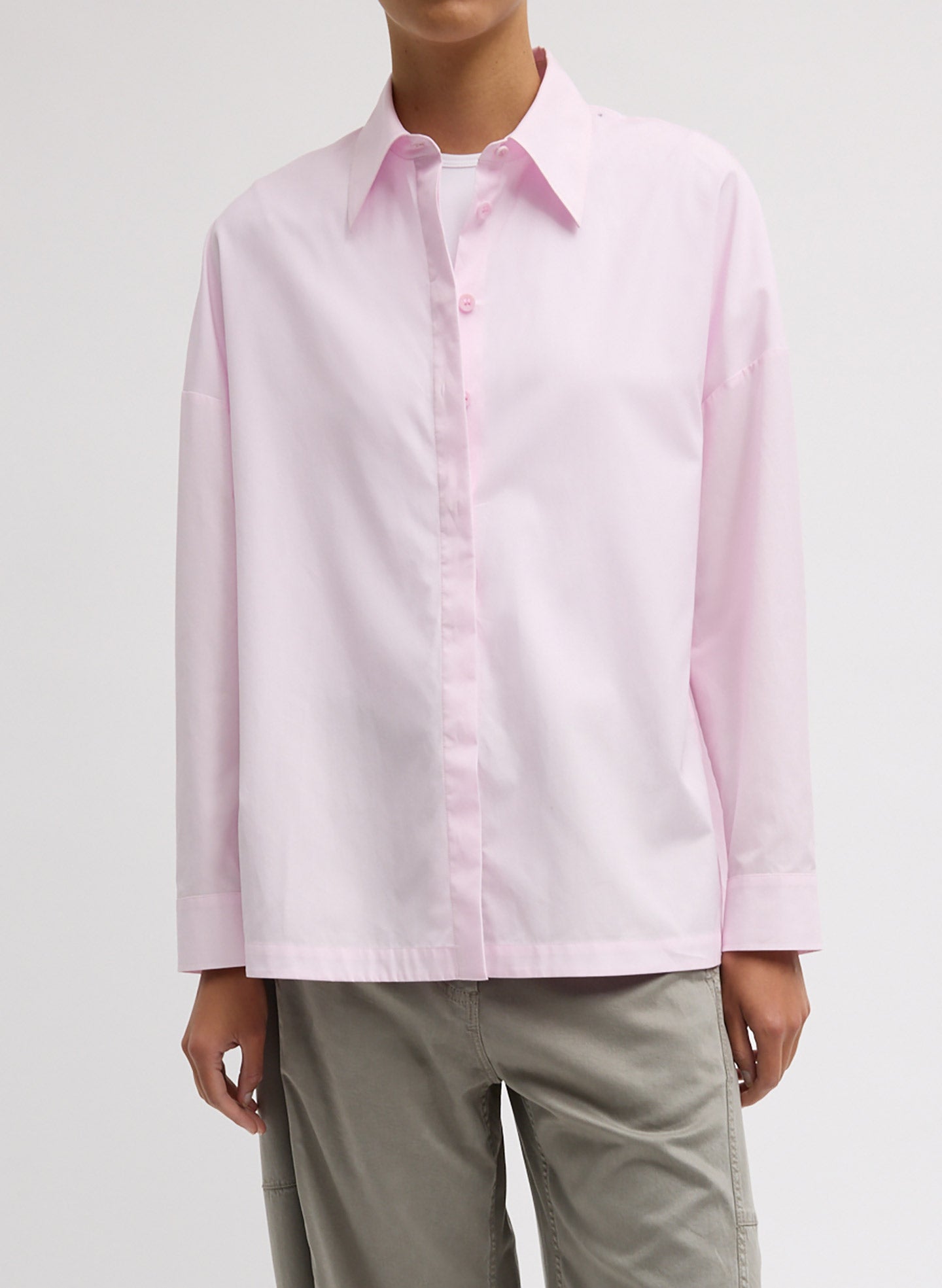 Pink Gabe Oversized Shirt - long sleeve button down, front view on model