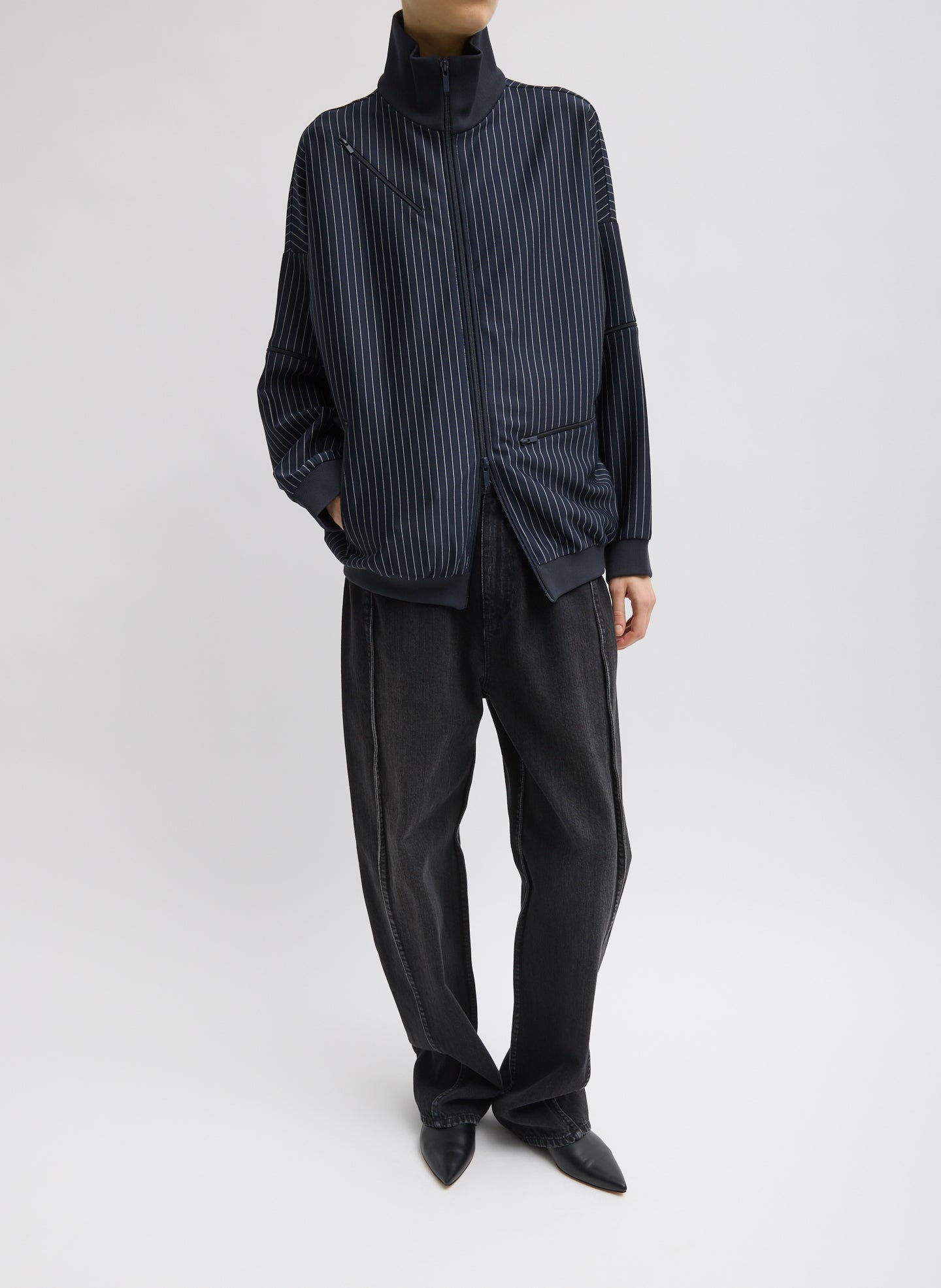Navy Pinstripe Active Knit Zipper Detailed Track Jacket - full look, front view on model