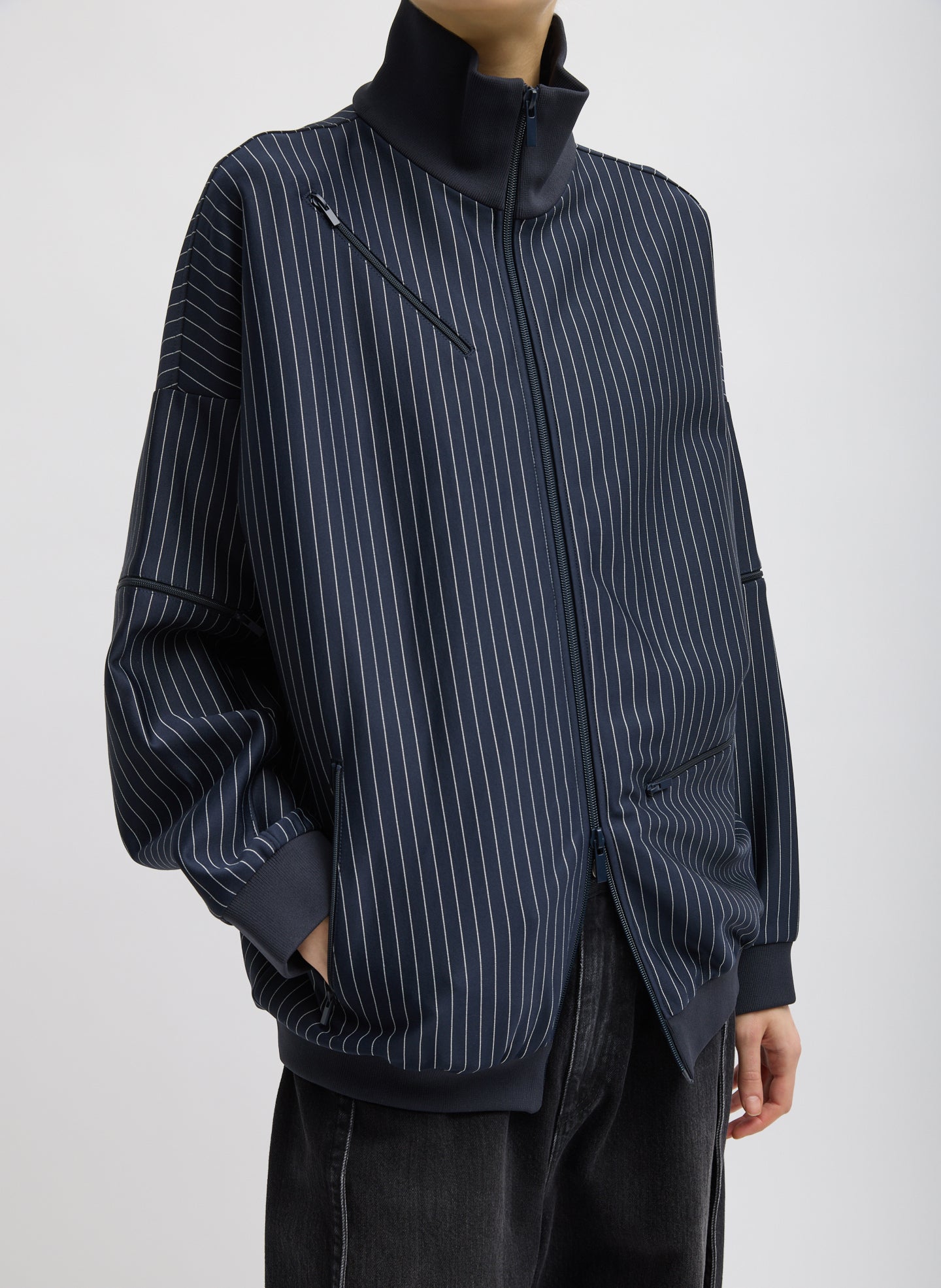 Navy Pinstripe Active Knit Zipper Detailed Track Jacket - zip up jacket, front view on model