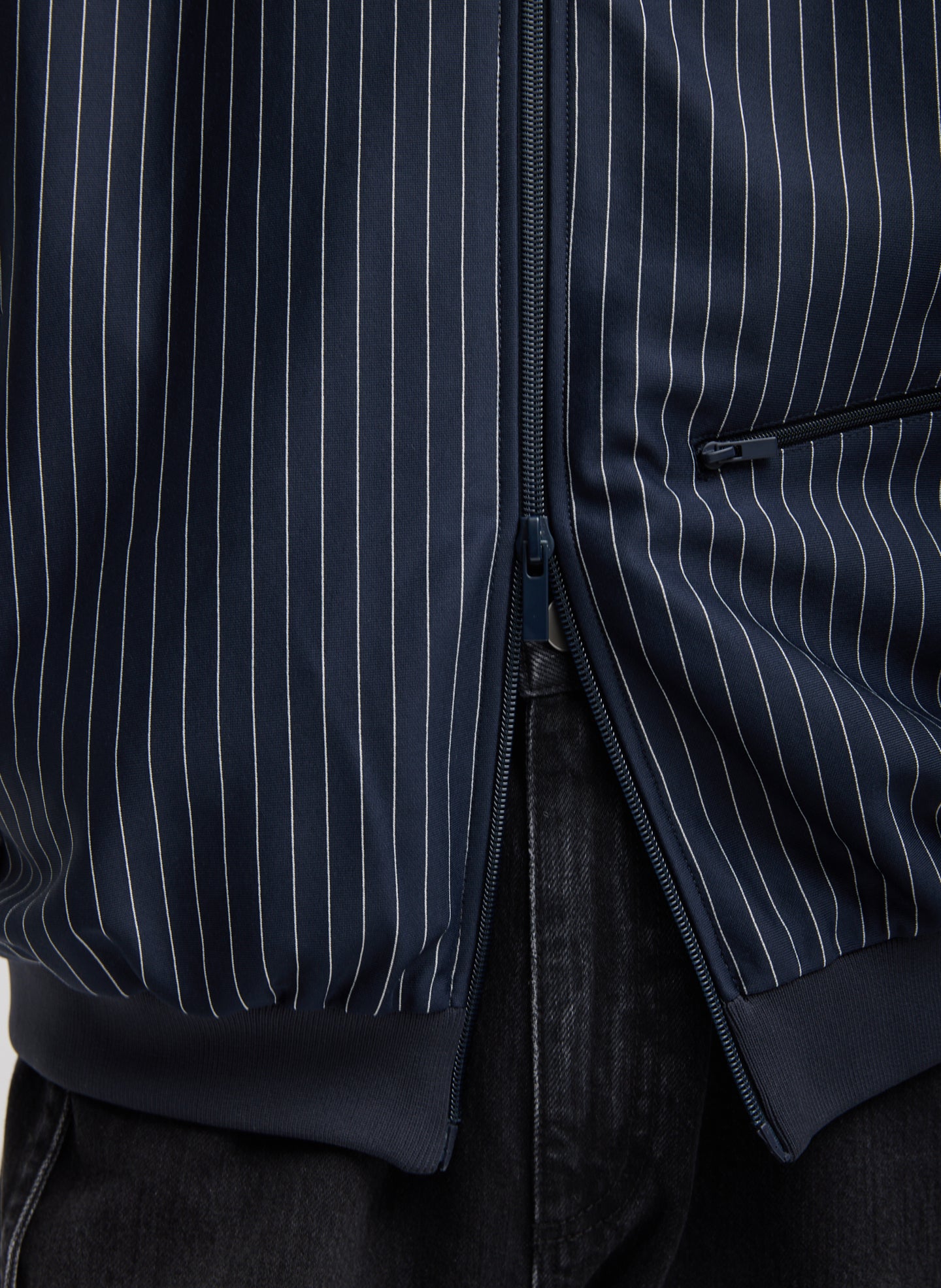 Navy Pinstripe Active Knit Zipper Detailed Track Jacket - closeup of double zip detail