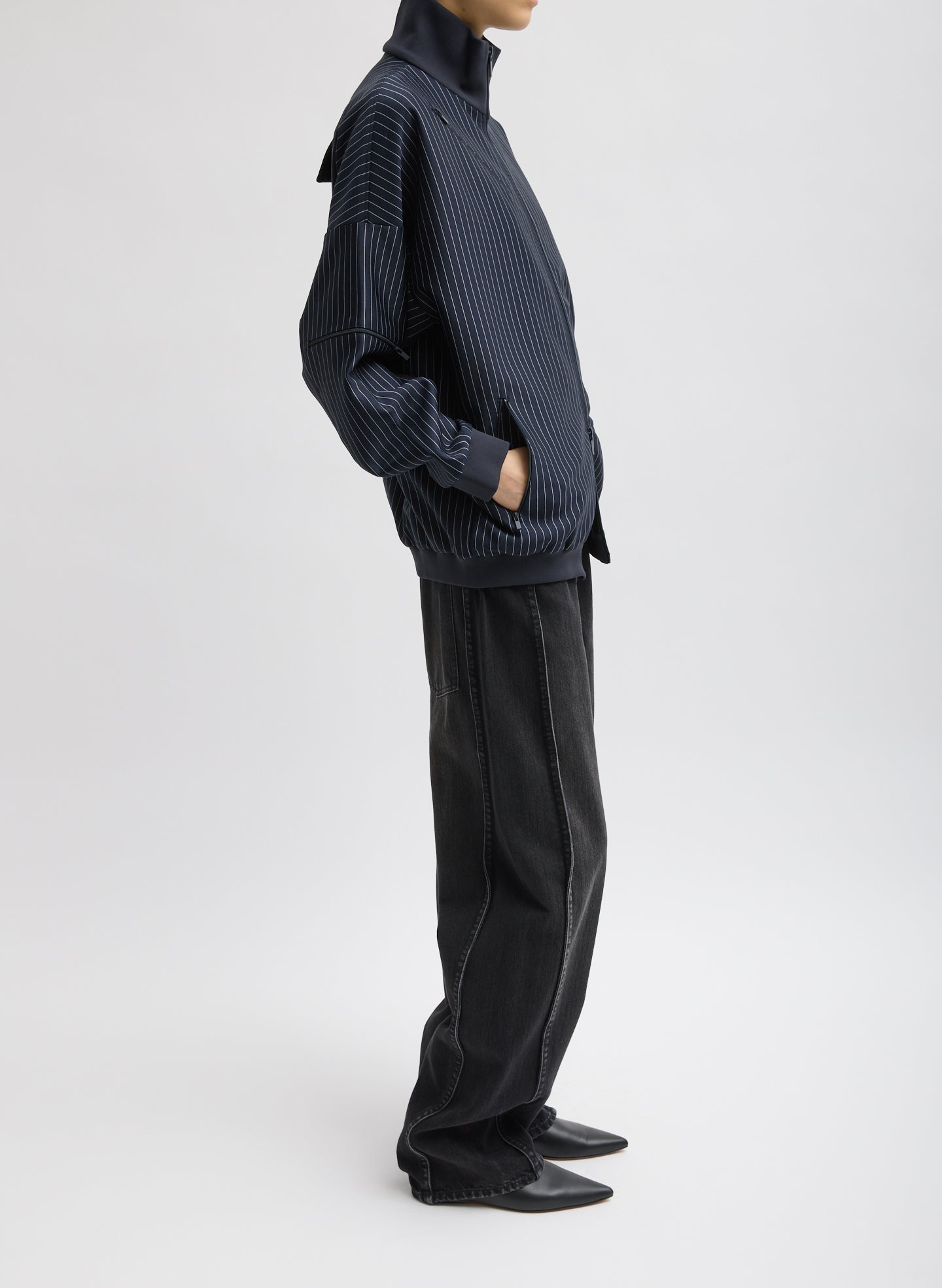 Navy Pinstripe Active Knit Zipper Detailed Track Jacket - full look, side view on model