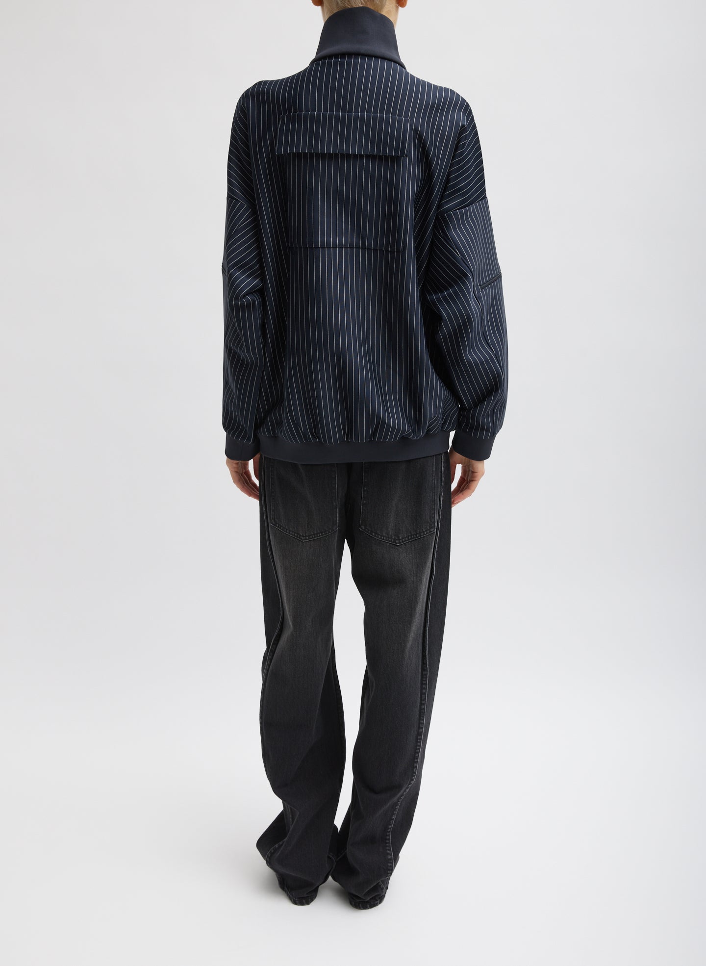 Navy Pinstripe Active Knit Zipper Detailed Track Jacket - full look, back view on model