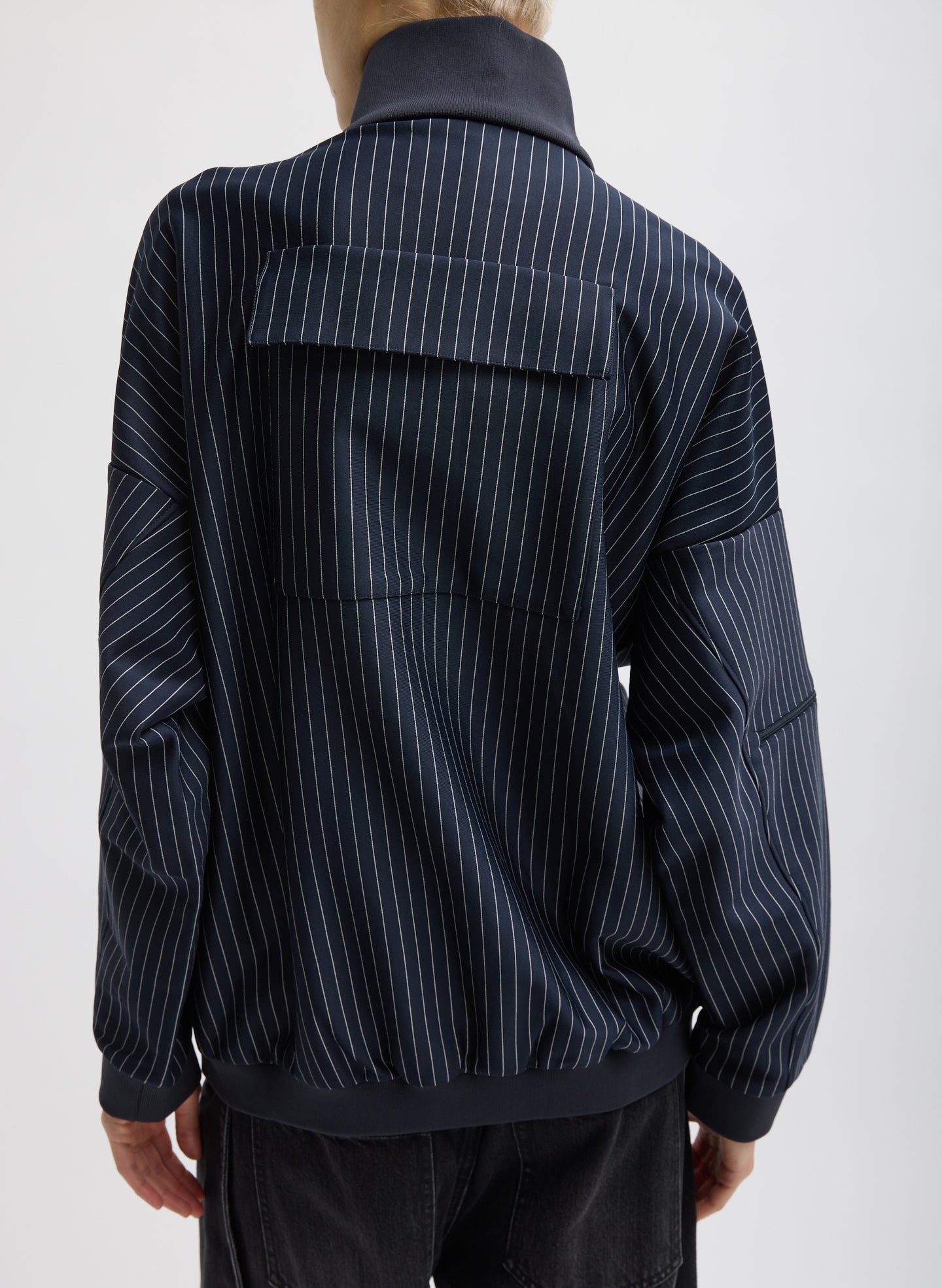 Navy Pinstripe Active Knit Zipper Detailed Track Jacket - zip up jacket, back view on model