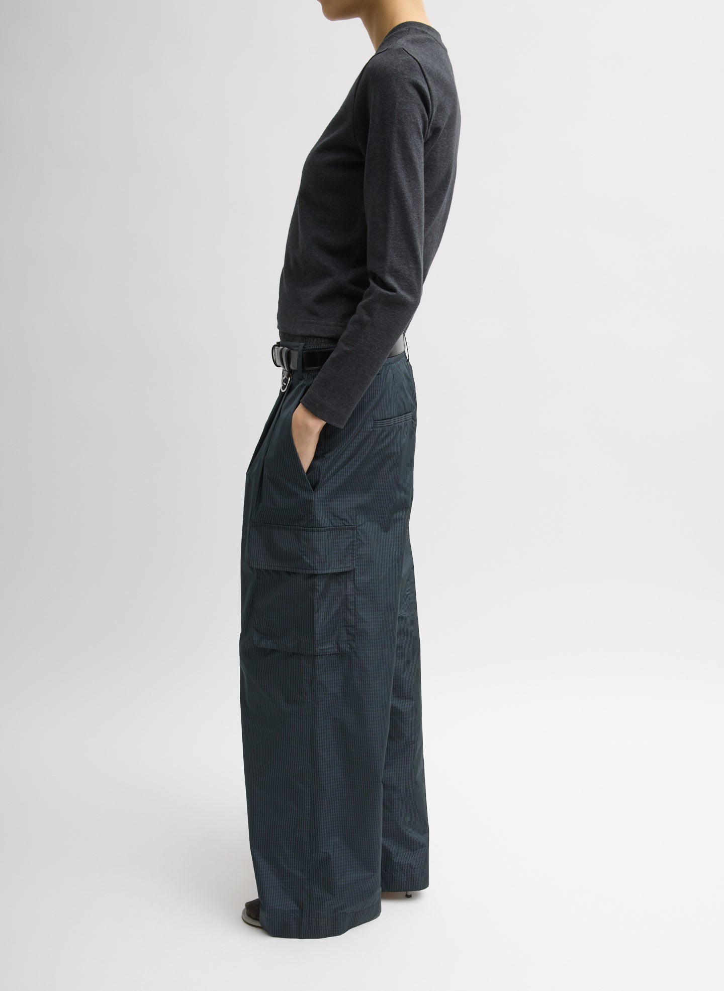 Charcoal Grey Perfect T-Shirt Shrunken V-Neck - long sleeve, side view on model