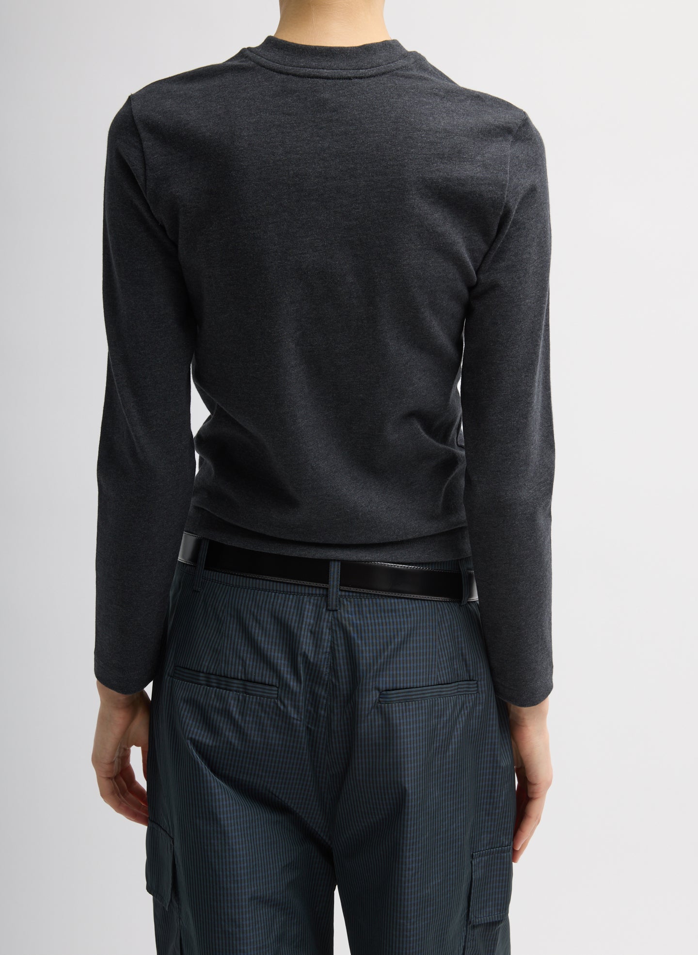 Charcoal Grey Perfect T-Shirt Shrunken V-Neck - long sleeve, back view on model
