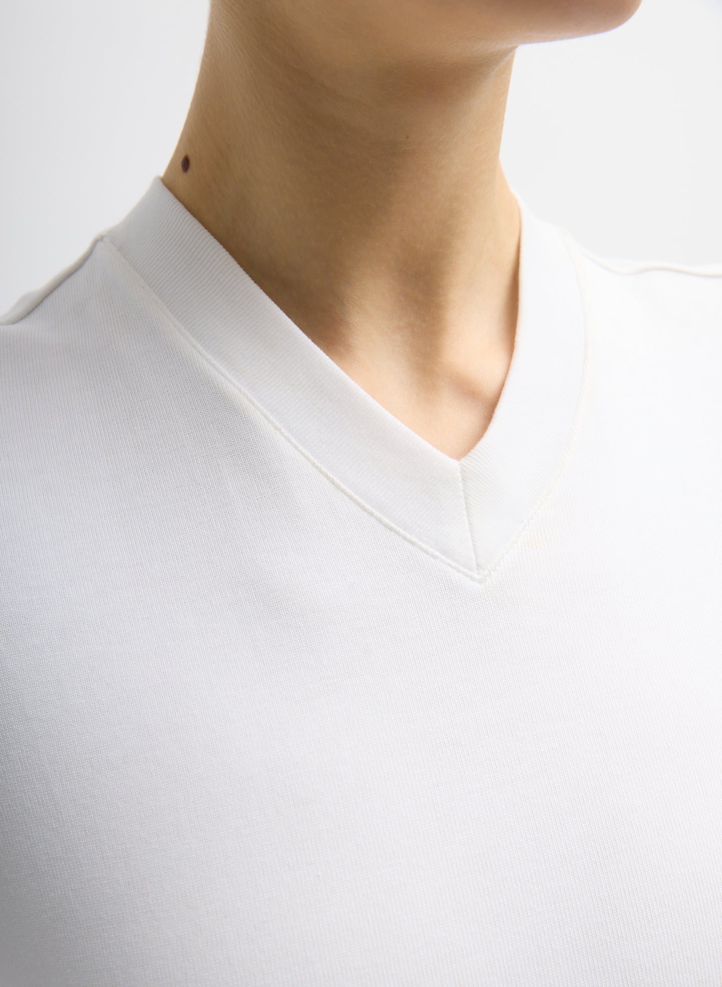 White Perfect T-Shirt Shrunken V-Neck - closeup of v-neck neckline