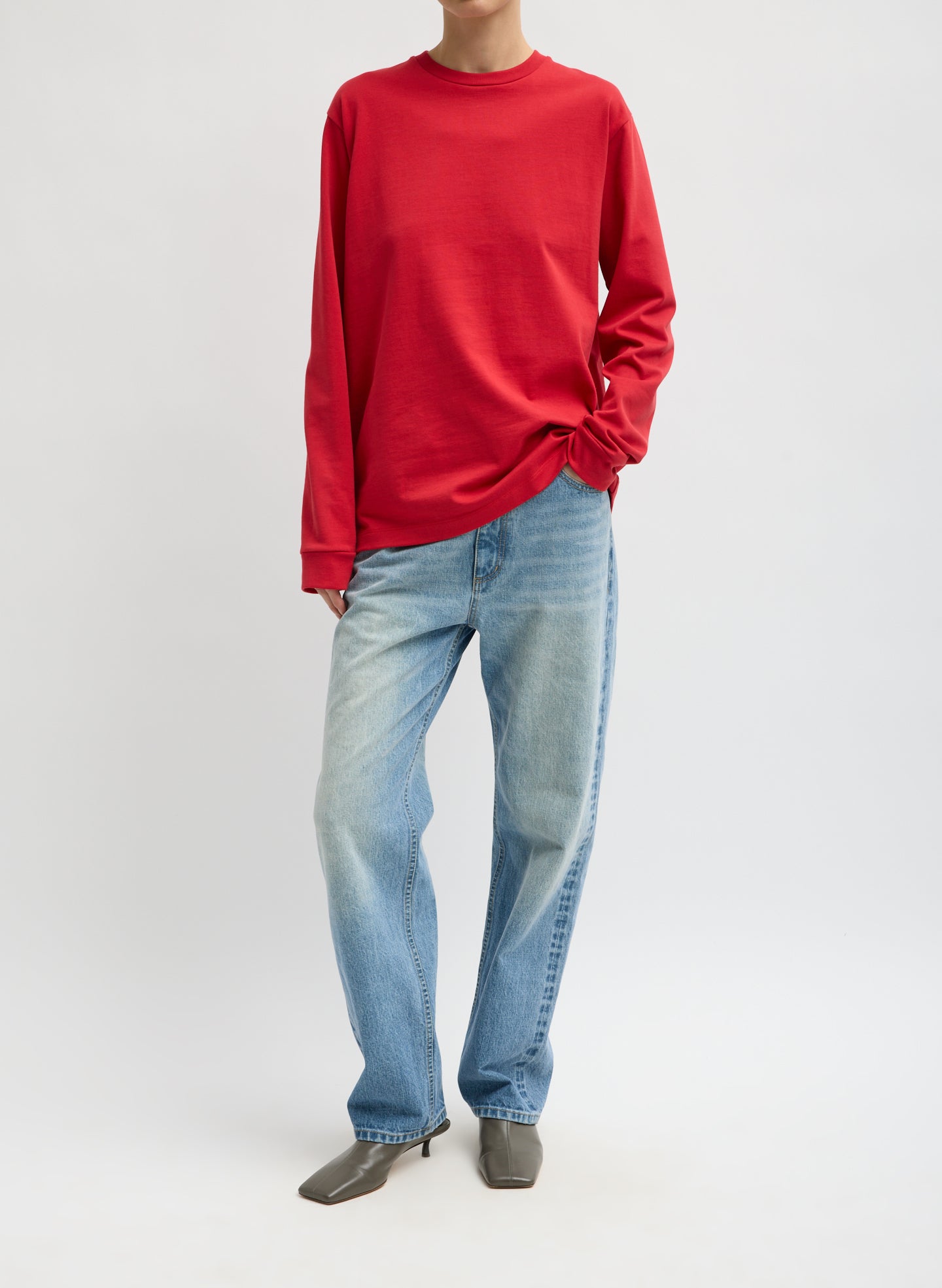 Red Perfect Unisex Long-Sleeve T-Shirt - full look, front view on model