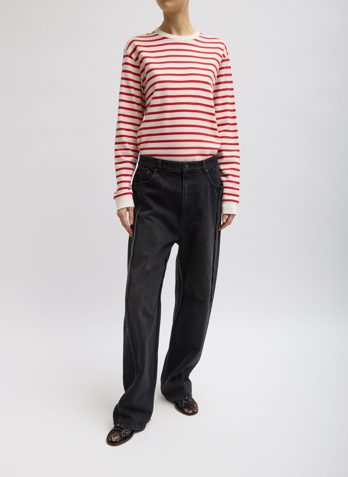 Red and White Striped Perfect Unisex Long Sleeve T-Shirt - full look, front view on model