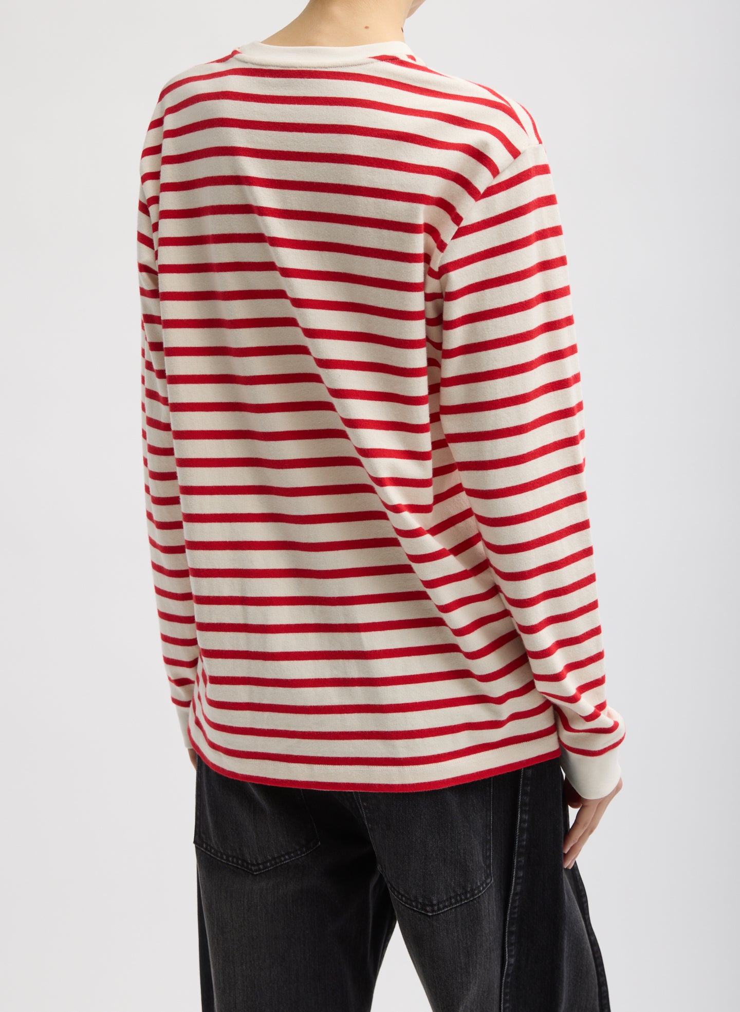 Red and White Striped Perfect Unisex Long Sleeve T-Shirt - back view on model