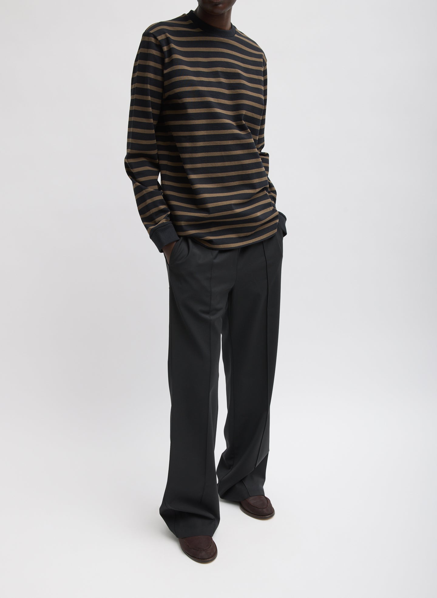Brown and Black Striped Perfect Unisex Long Sleeve T-Shirt - full look, front view on model