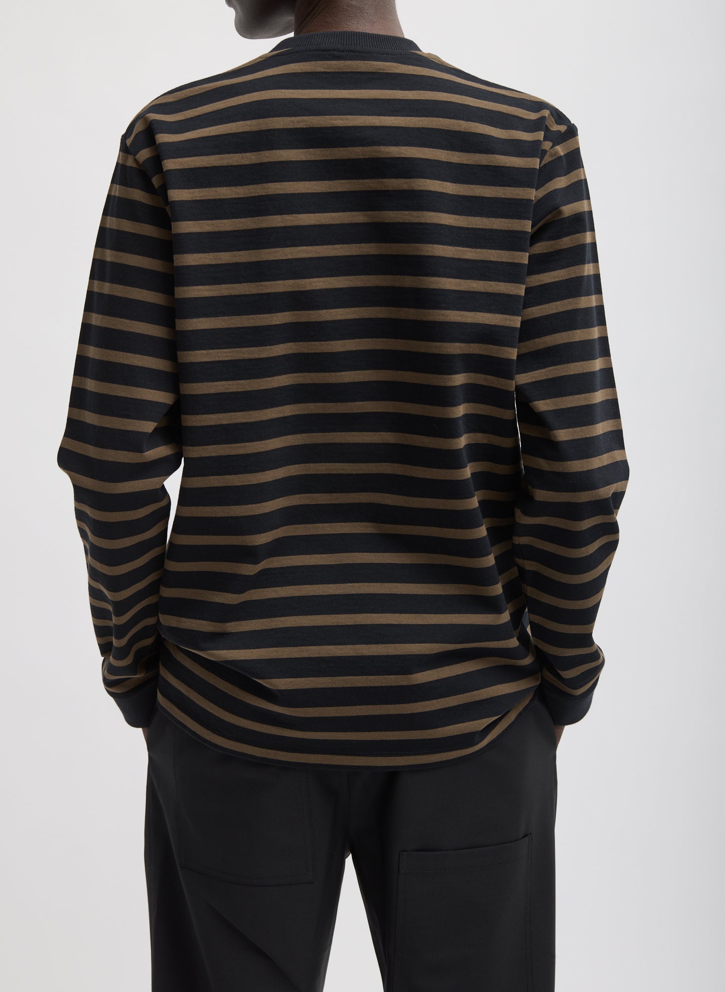 Brown and Black Striped Perfect Unisex Long Sleeve T-Shirt - back view on model