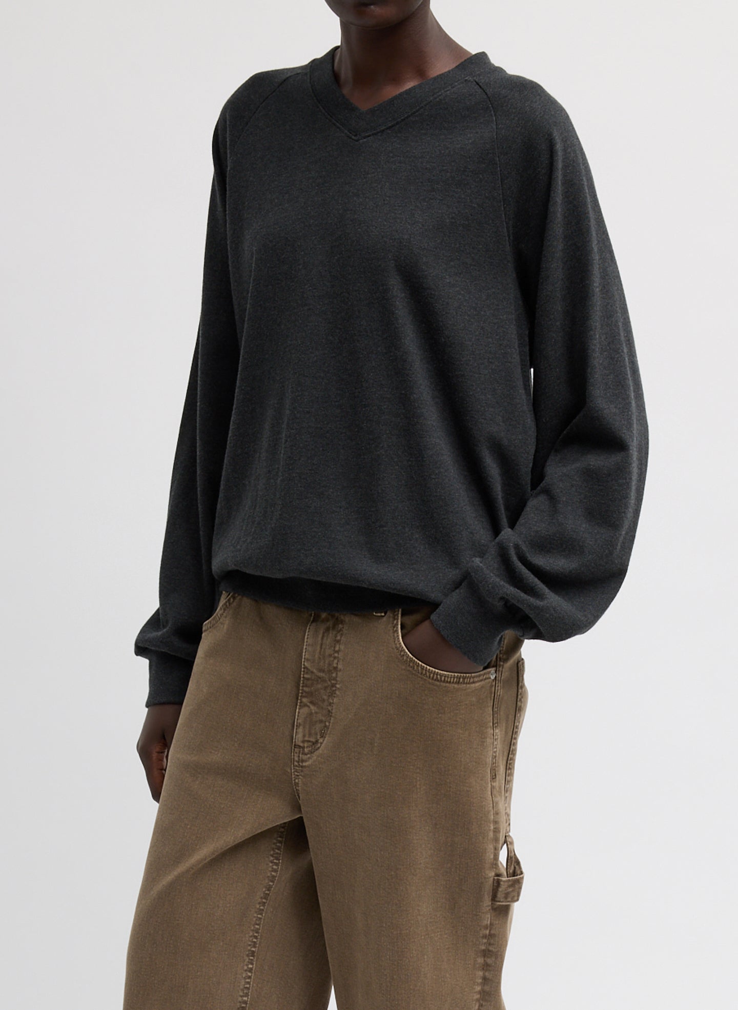Charcoal Grey Perfect T Vintage Sweatshirt - v-neck sweatshirt, side view on model