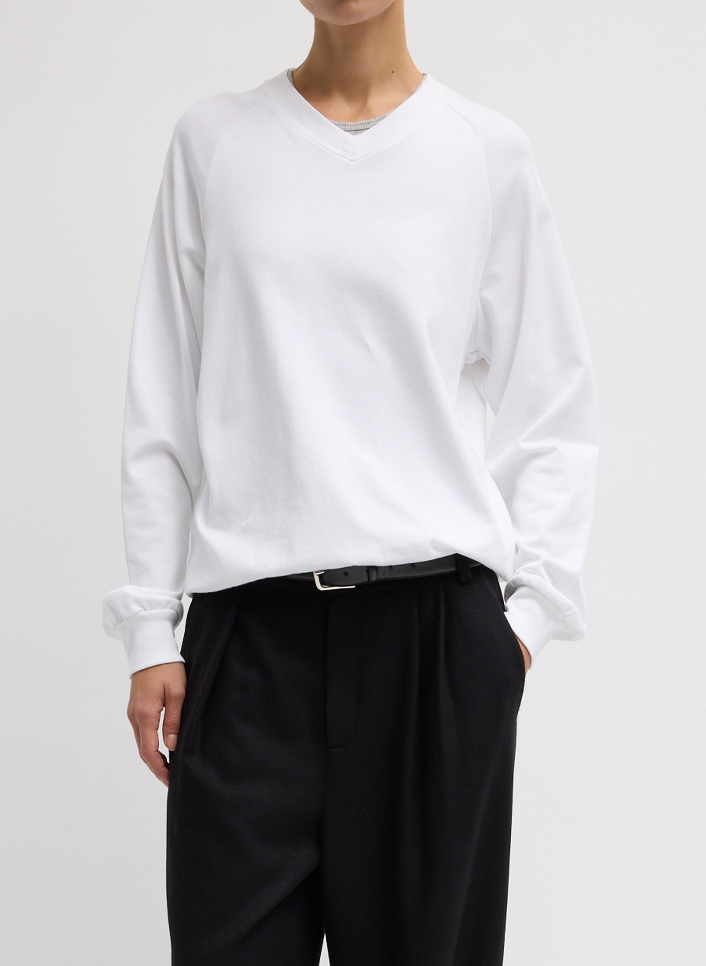 White Perfect T Vintage Sweatshirt - v-neck sweatshirt, front view on model