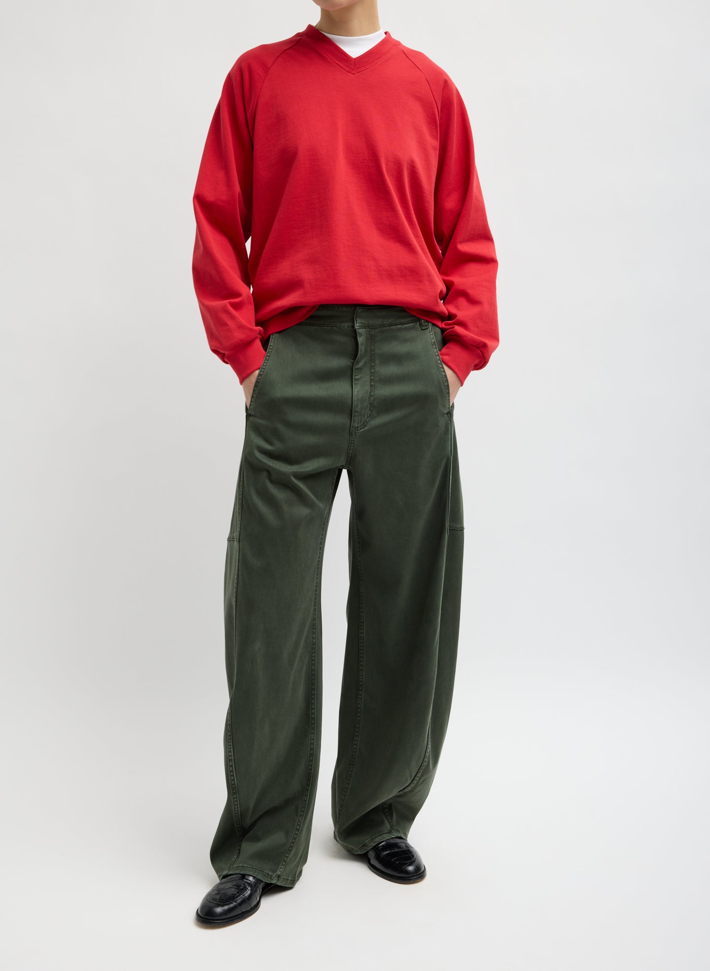 Army Green Garment Dyed Stretch Twill Sid Pant - barrel leg, front view on model