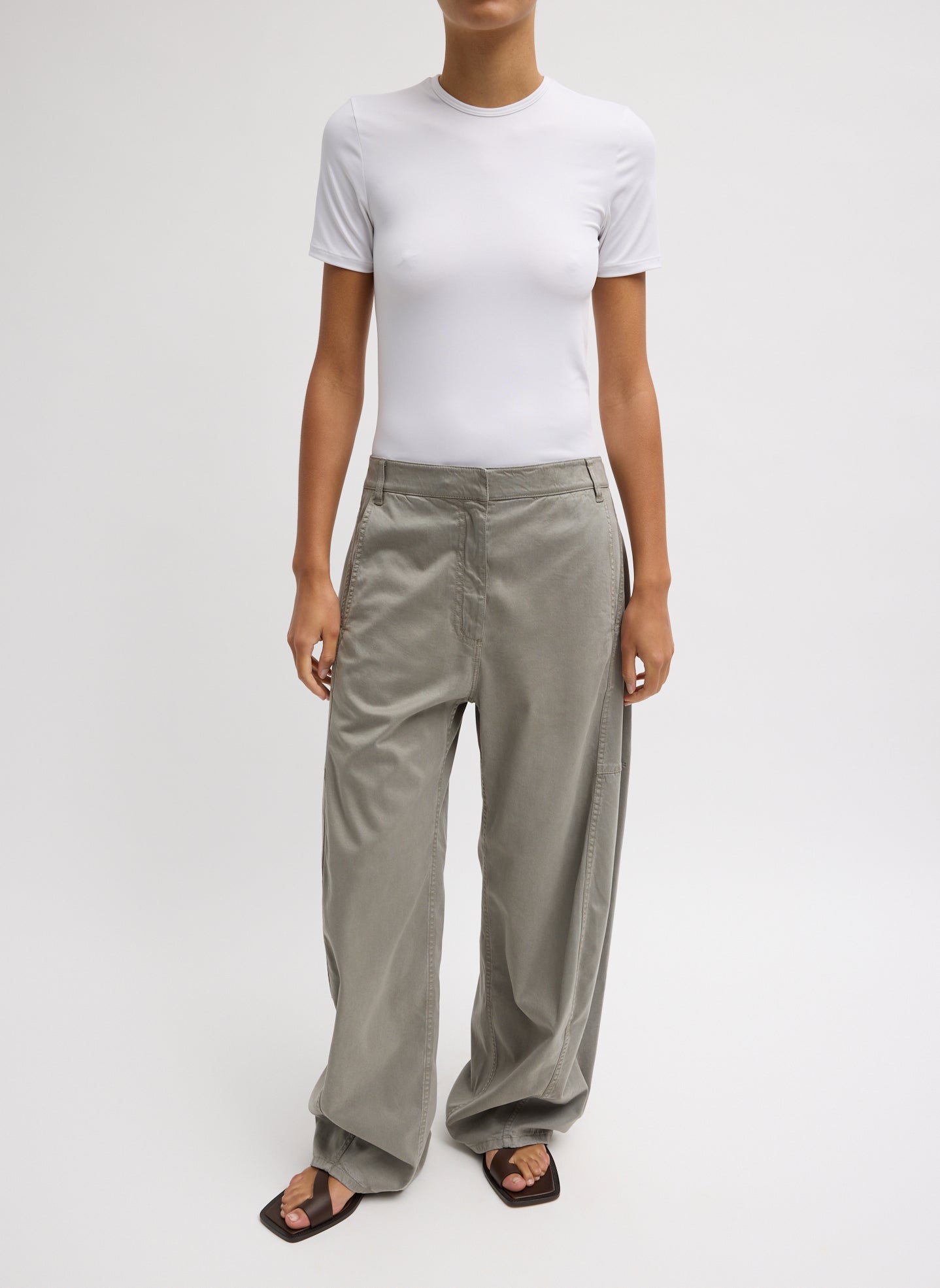Pewter Grey Garment Dyed Stretch Twill Sid Pant - barrel leg, front view on model